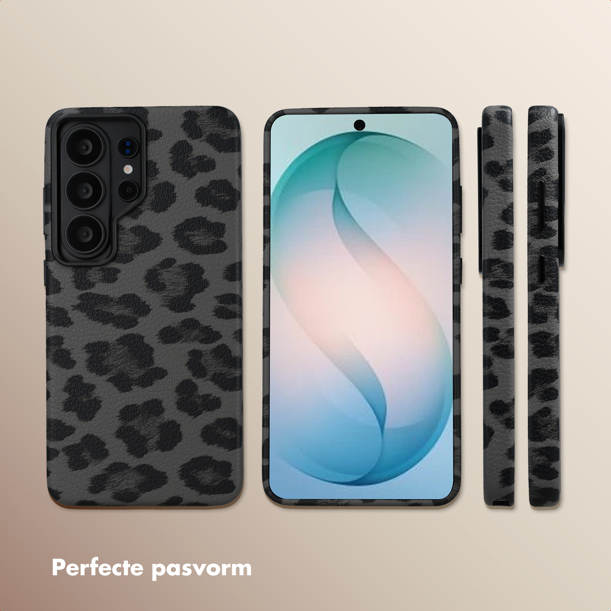 Uno smartphone con cover animalier, mostrato frontalmente e lateralmente.