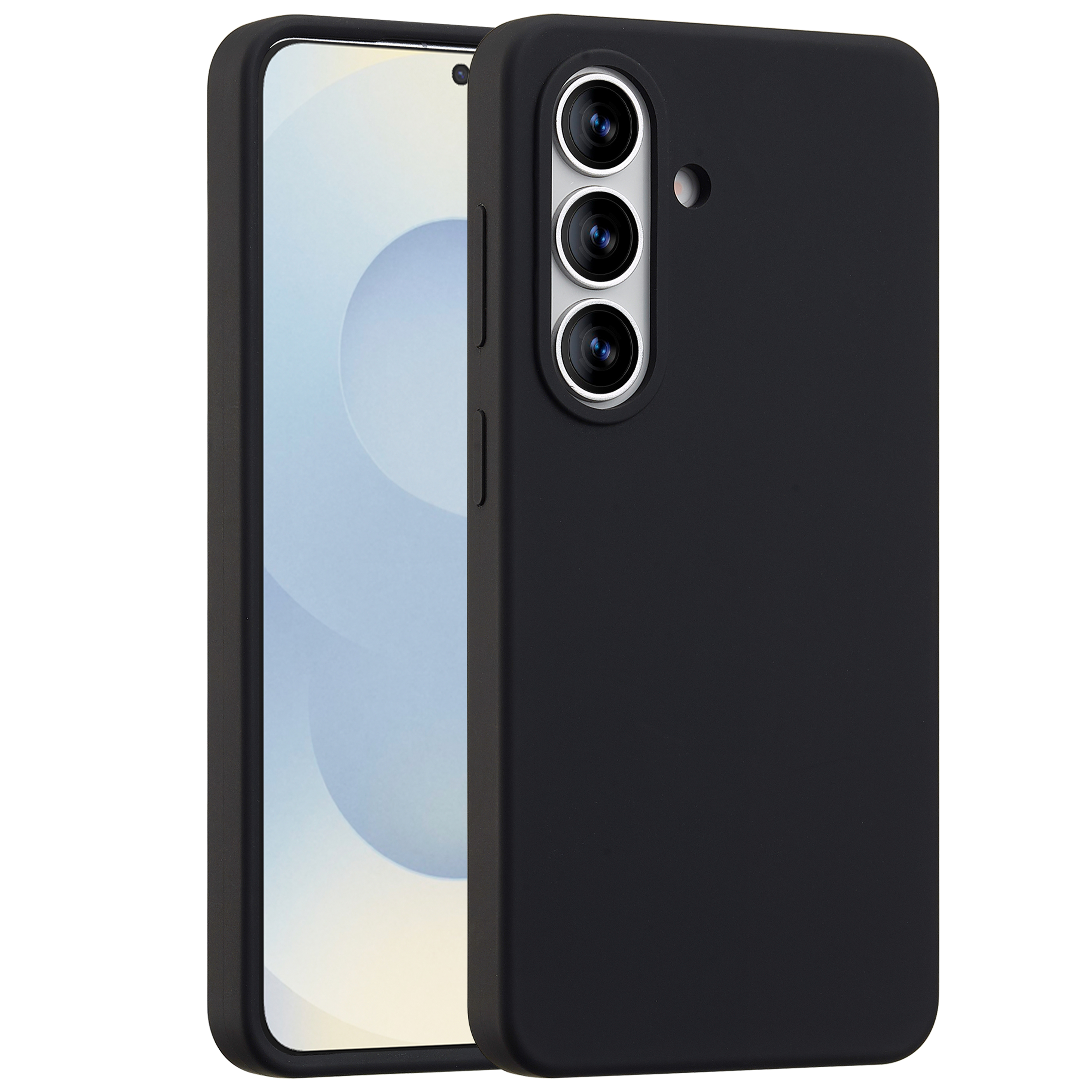 Zwarte telefoonhoes met drievoudige camera op witte achtergrond.
