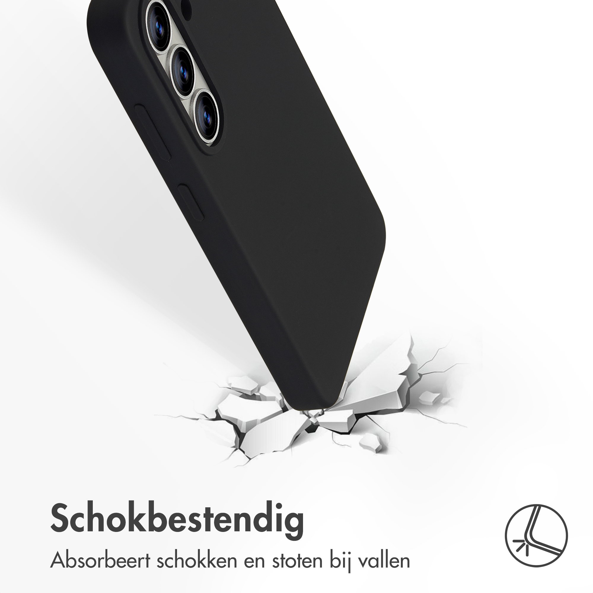 Zwarte telefoonhoes breekt door witte ondergrond. Schokbestendig.