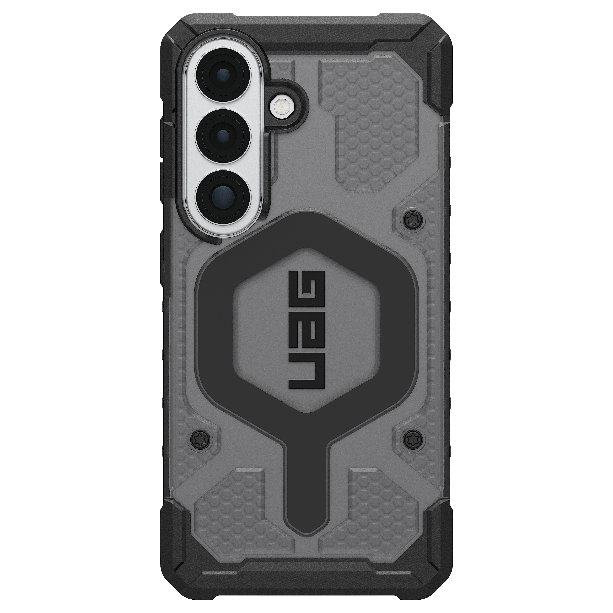 Custodia grigia per telefono con protezione fotocamera e logo UAG.