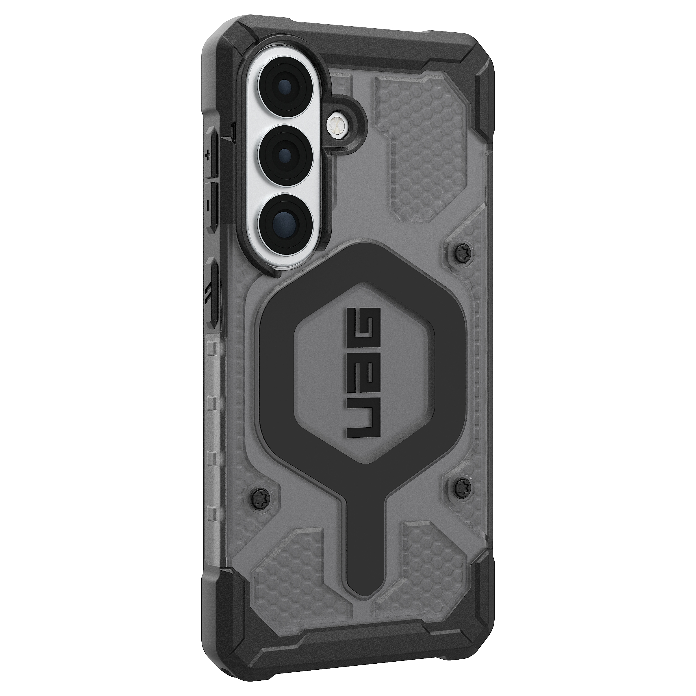 Custodia grigia per telefono con logo UAG nero e tre fotocamere.