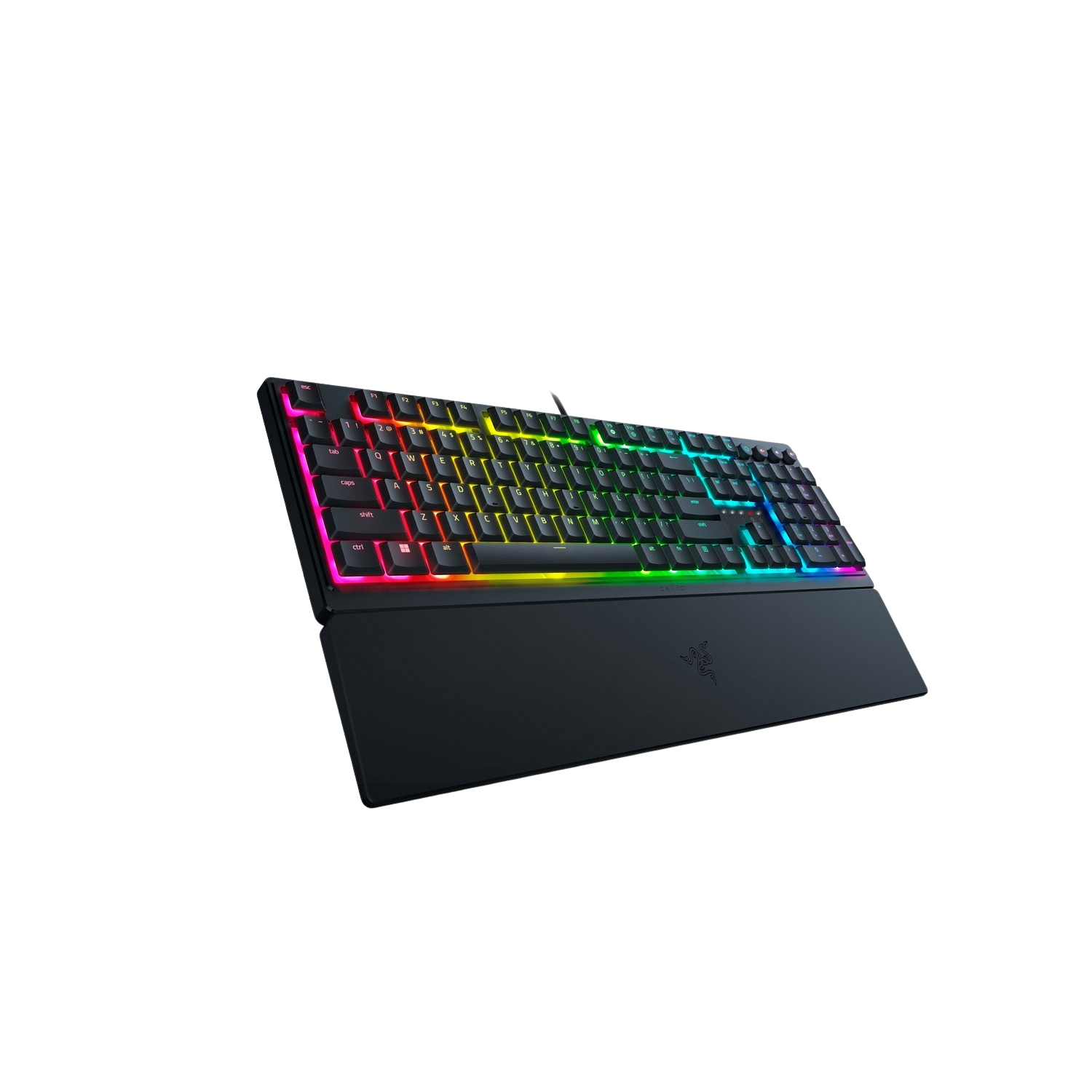 Black keyboard with RGB lighting and detachable wrist rest.