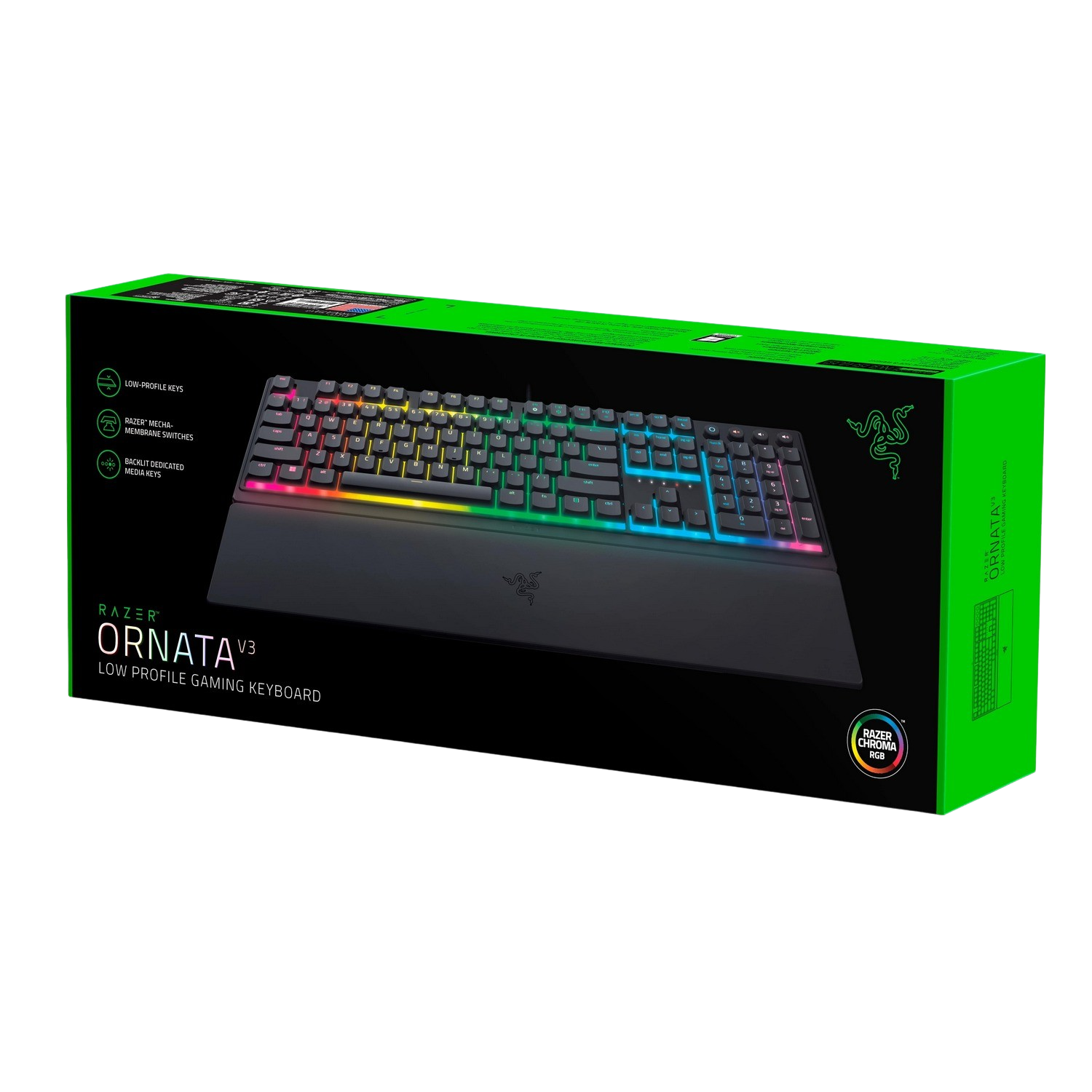 Razer Ornata V3 gaming keyboard on black box with RGB lighting.
