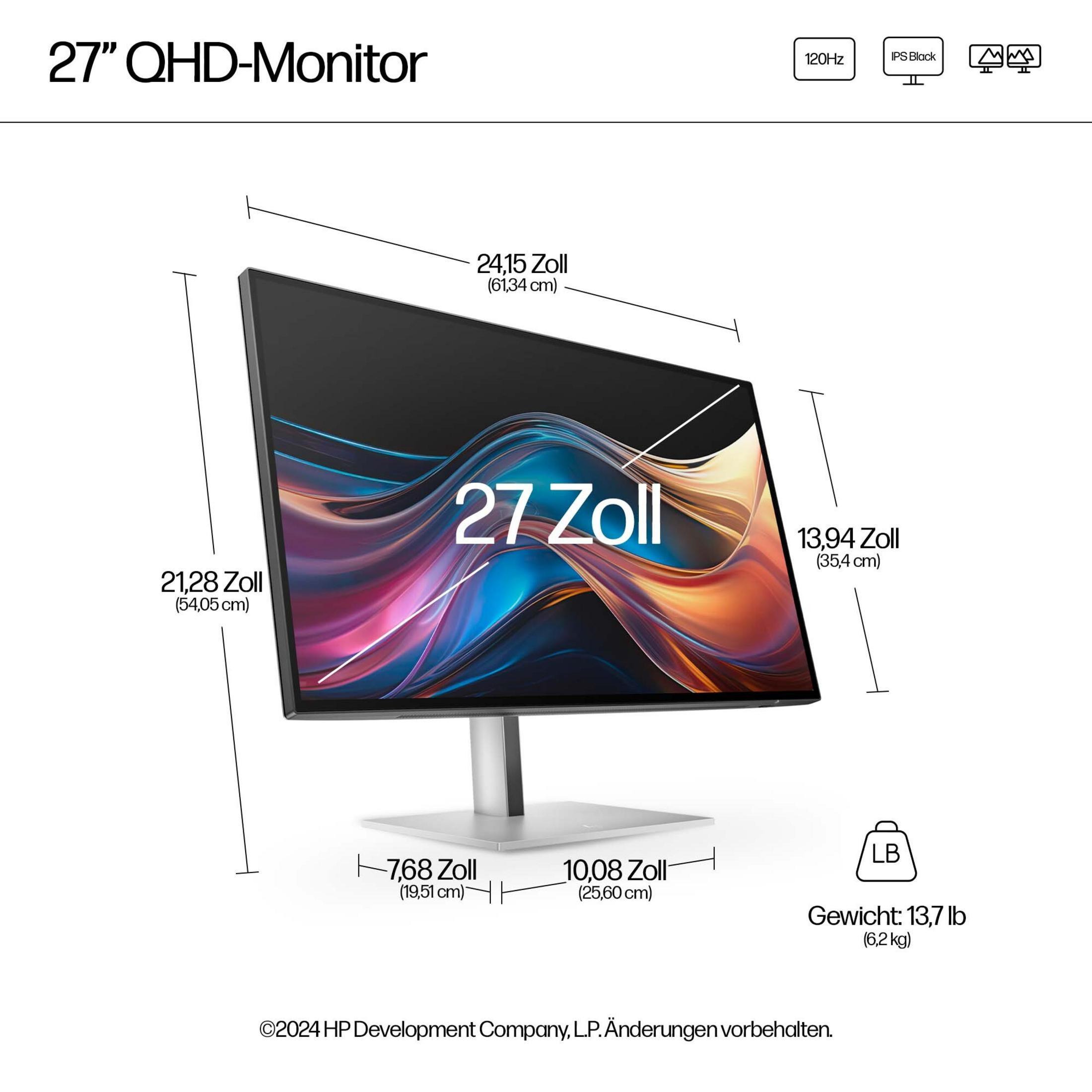 27-inch QHD monitor with detailed dimensions and weight.