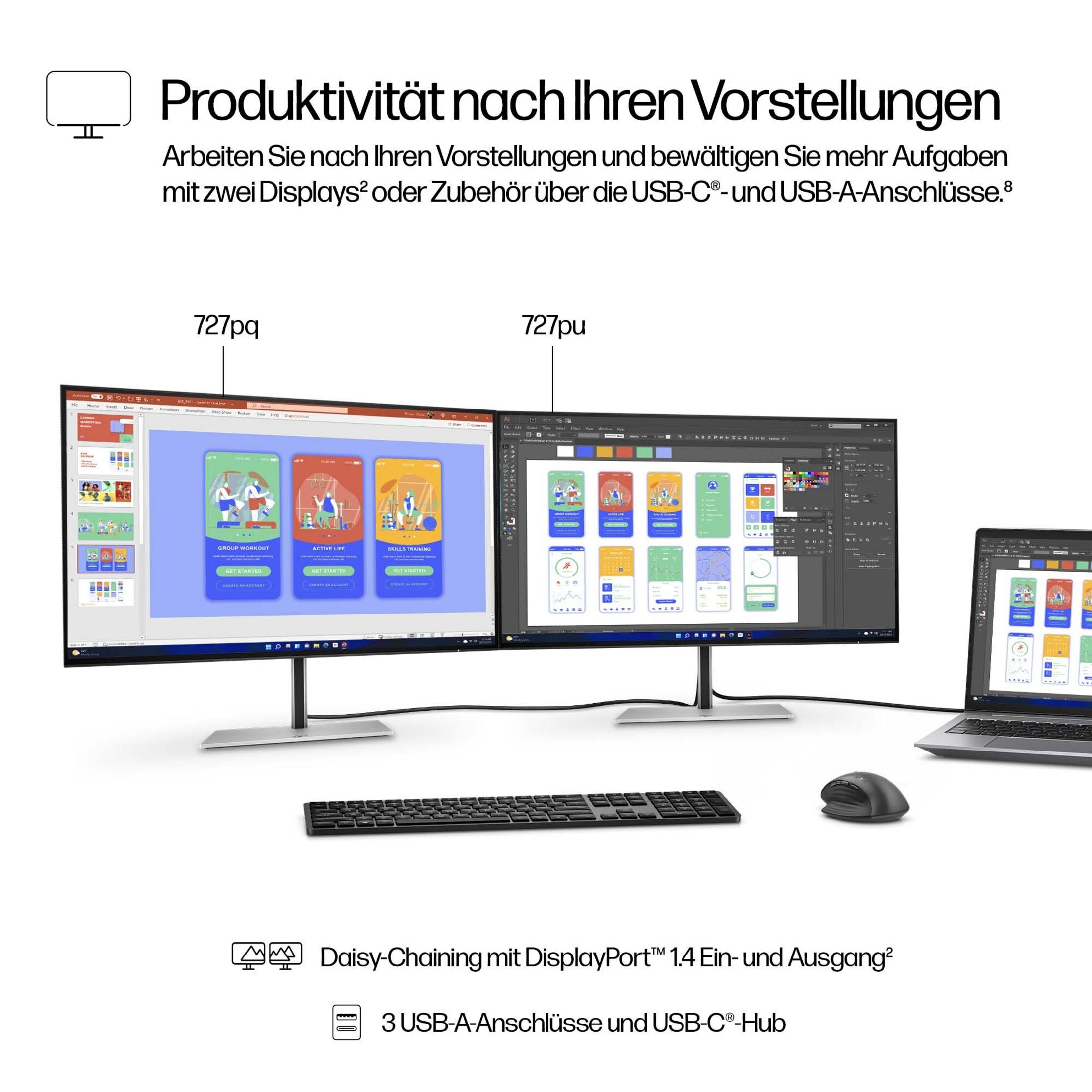 Two monitors display app designs with a laptop keyboard and mouse.