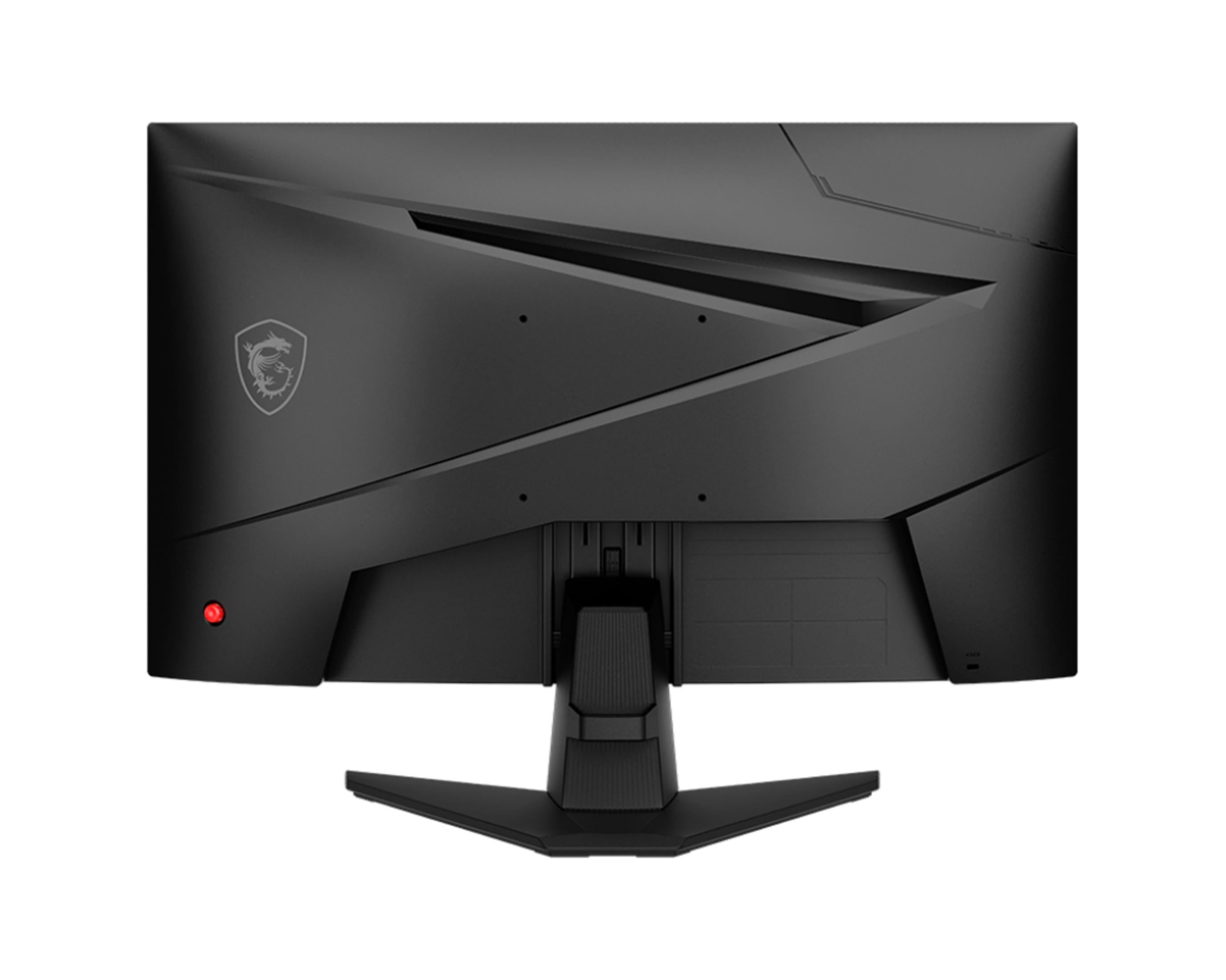 Retro di un monitor nero con logo MSI e luce rossa.