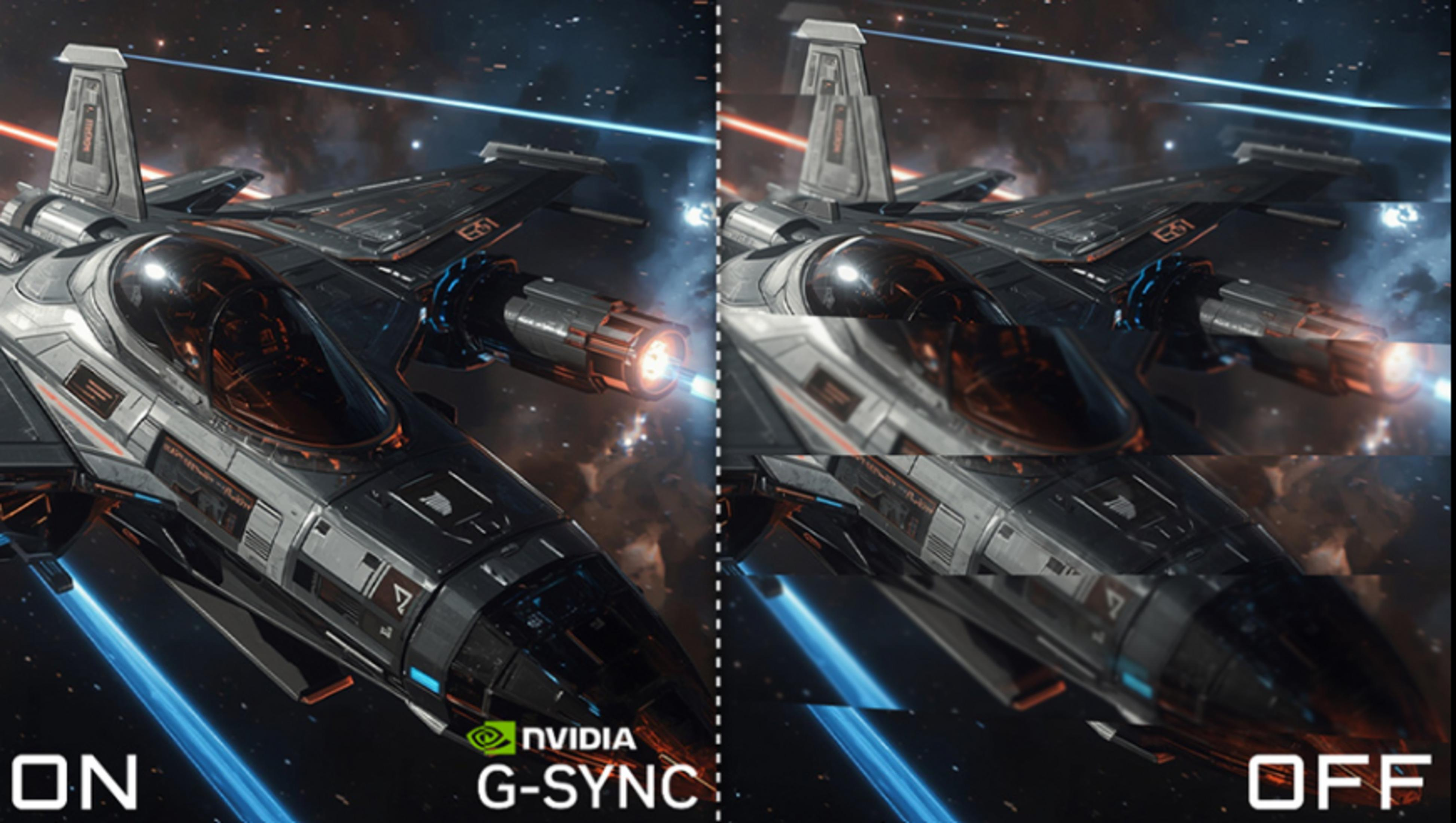 Dwa widoki statku kosmicznego w przestrzeni. Po lewej G-SYNC WŁ., po prawej G-SYNC WYŁ.