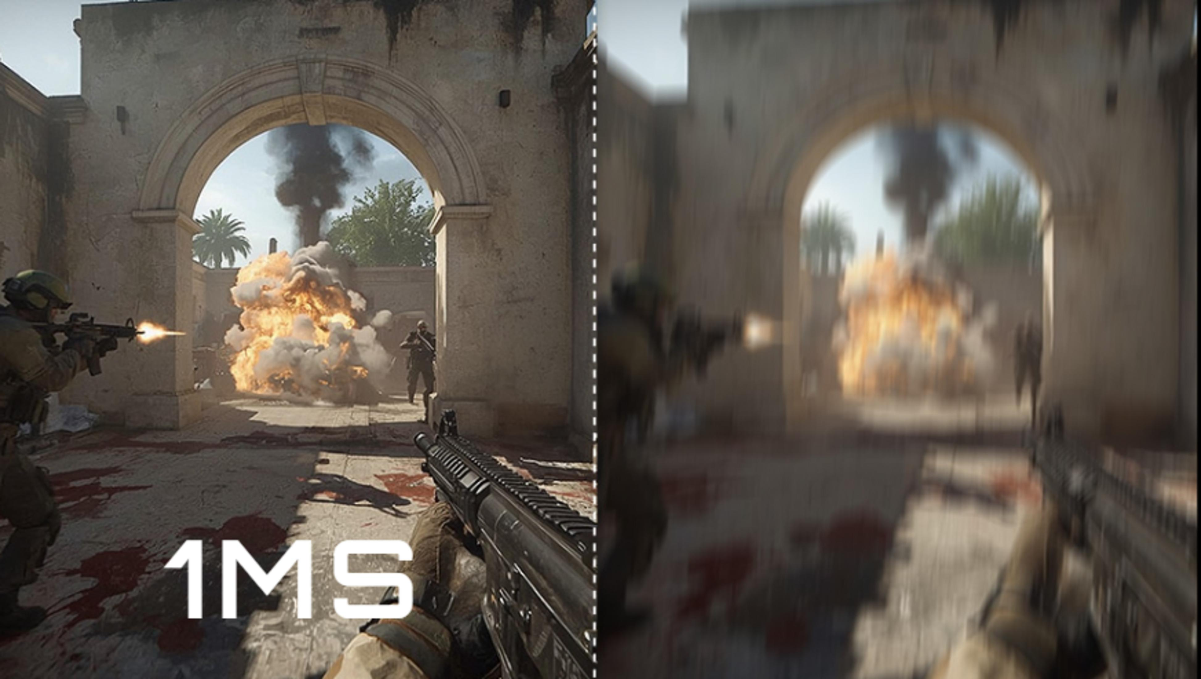 Dwie sceny: lewa ostra, prawa rozmyta. Żołnierze walczą, eksplozje, dym, budynki.