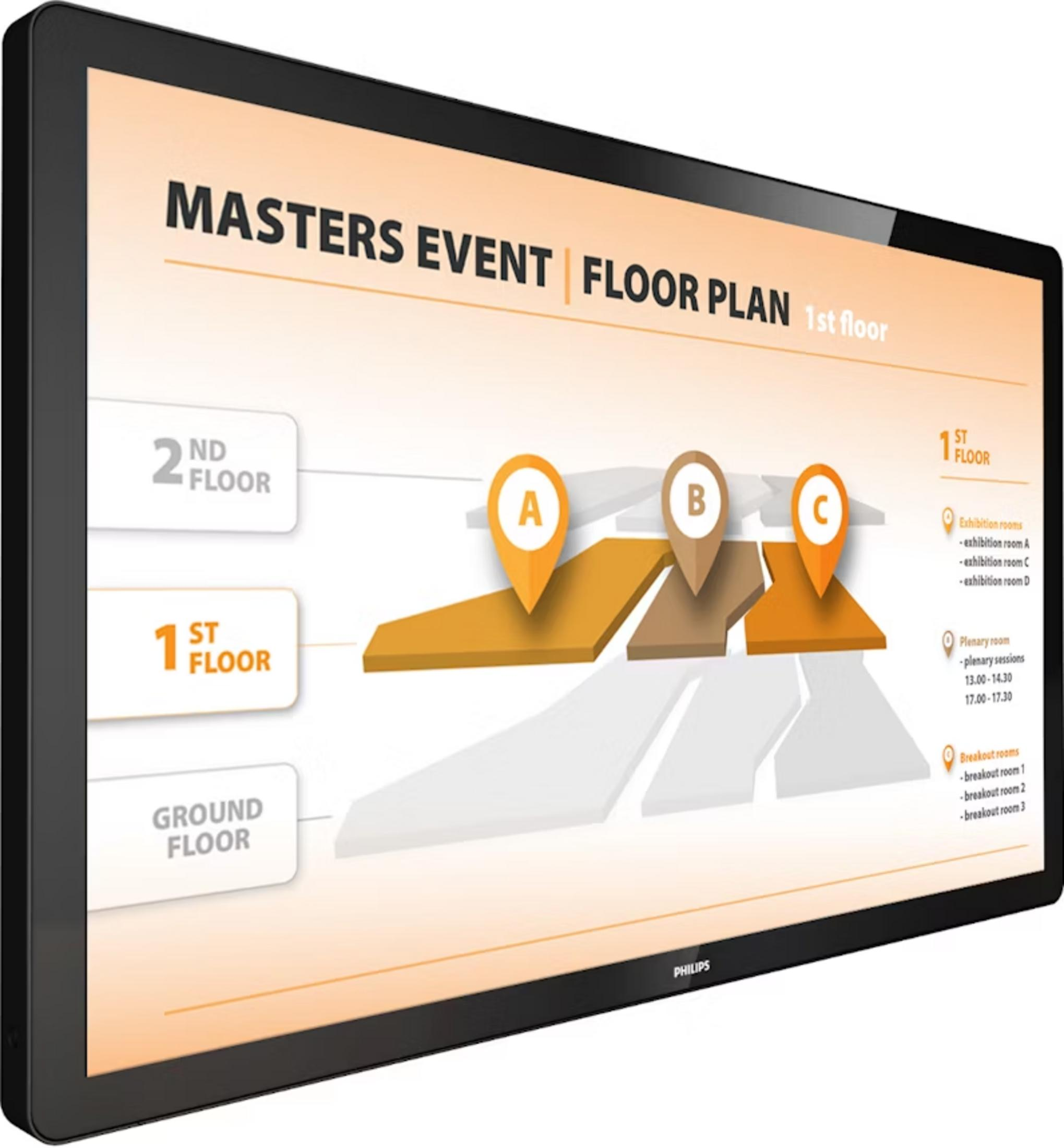 Ein digitales Display zeigt einen Grundriss für ein Masters Event mit drei Etagen und markierten Orten A, B und C.