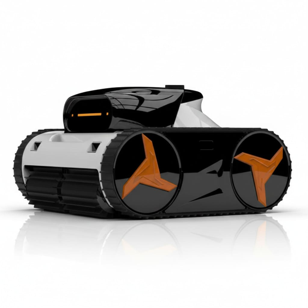 Un robot blanco y negro con ruedas naranjas sobre fondo blanco.