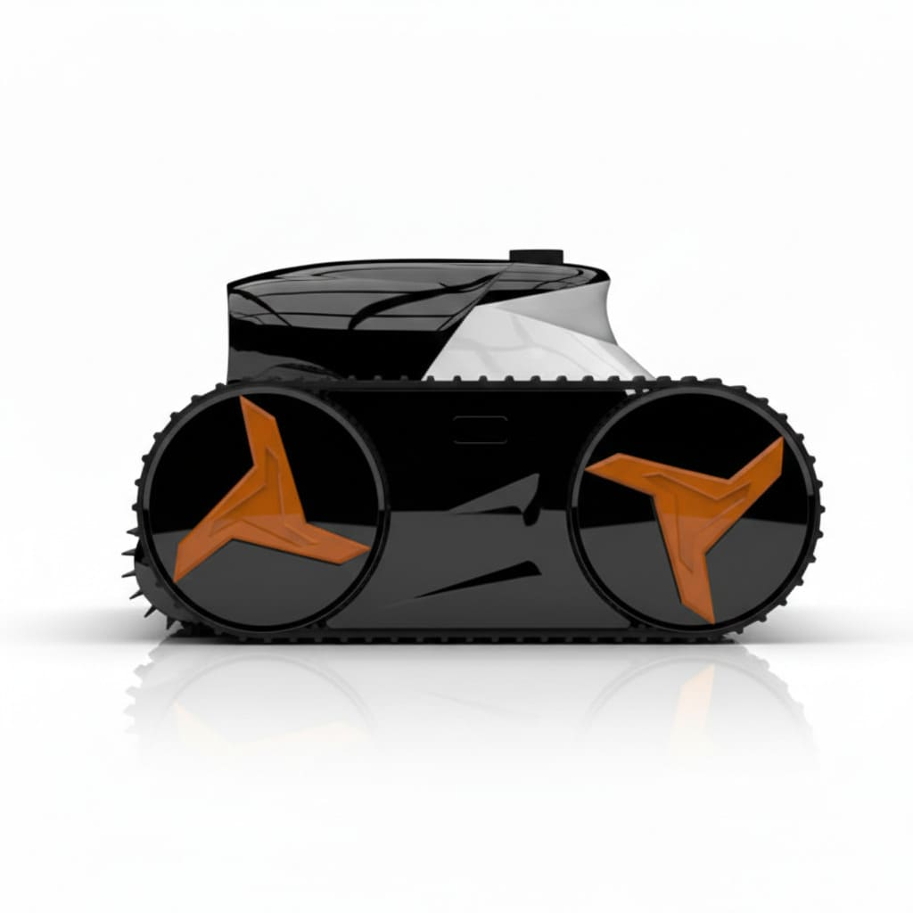 Un robot negro con ruedas naranjas sobre fondo blanco.