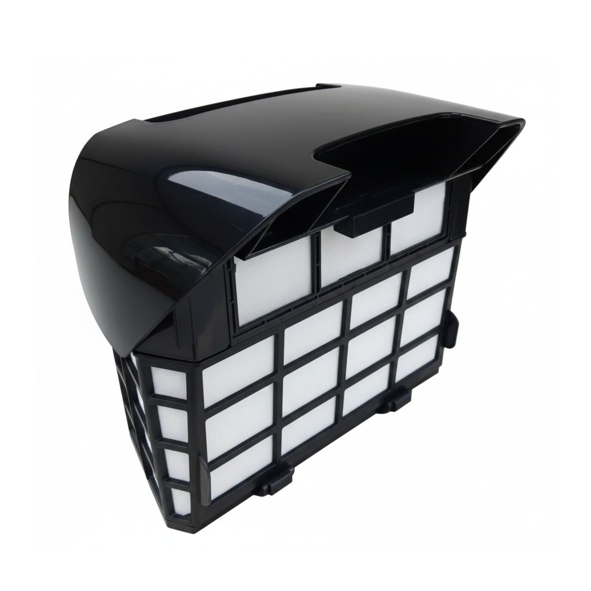 Un filtro de aspiradora negro con patrón de rejilla rectangular.