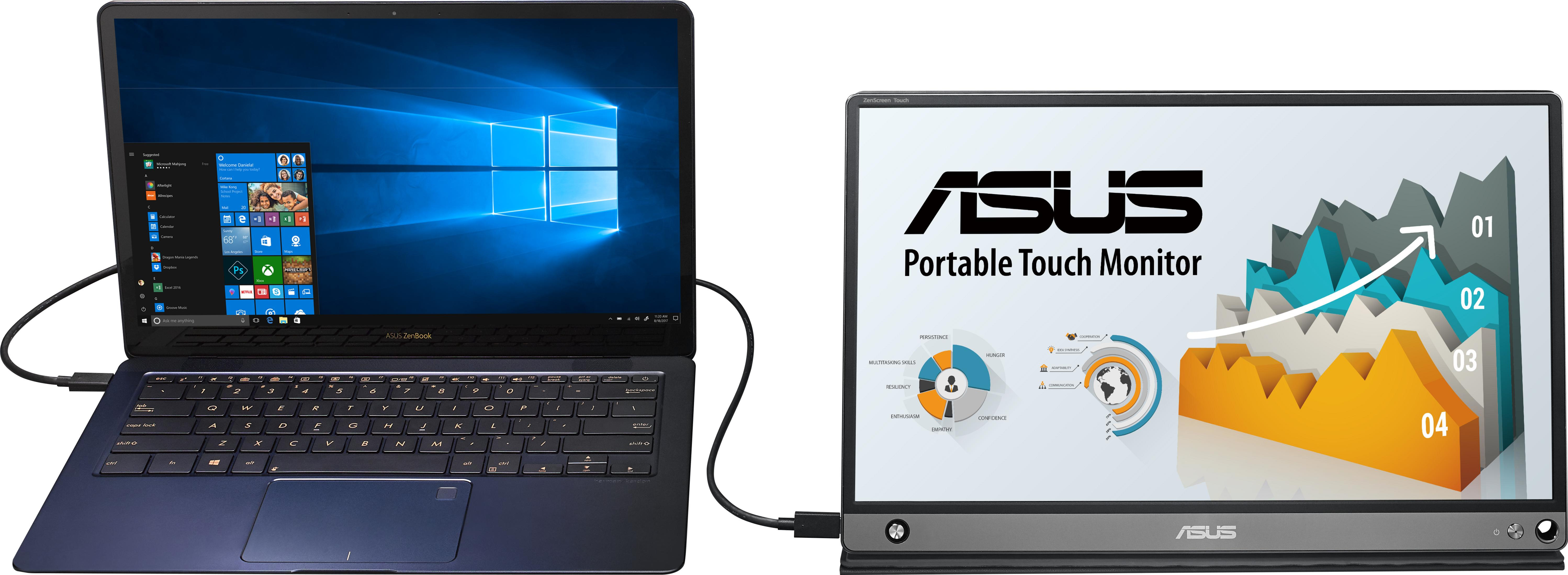 Bir Asus ZenBook dizüstü bilgisayar, bir Asus taşınabilir dokunmatik monitöre bağlıdır.