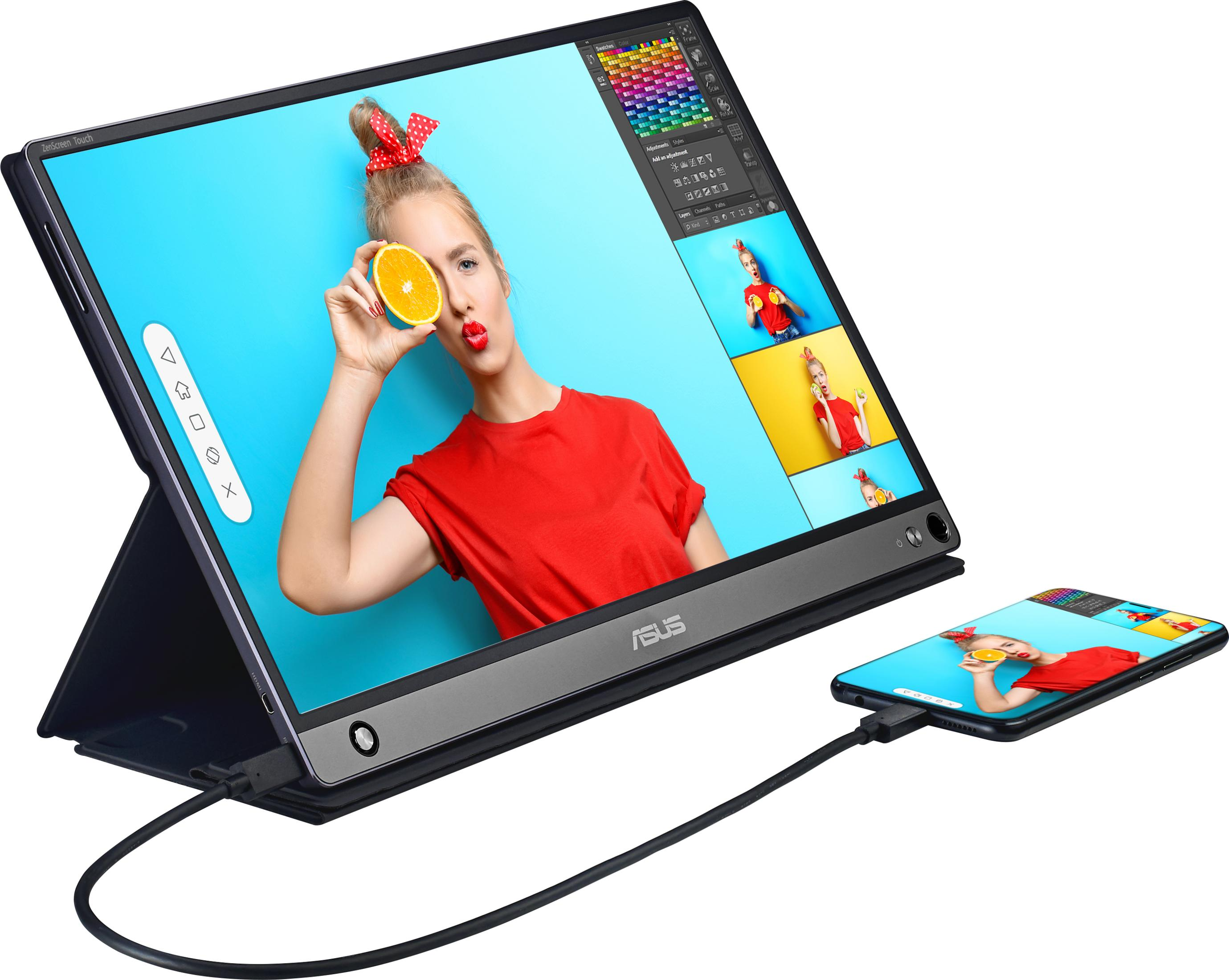Taşınabilir bir monitör USB ile bir akıllı telefona bağlıdır. Her ikisi de portakal dilimi tutan bir kadını gösteriyor.