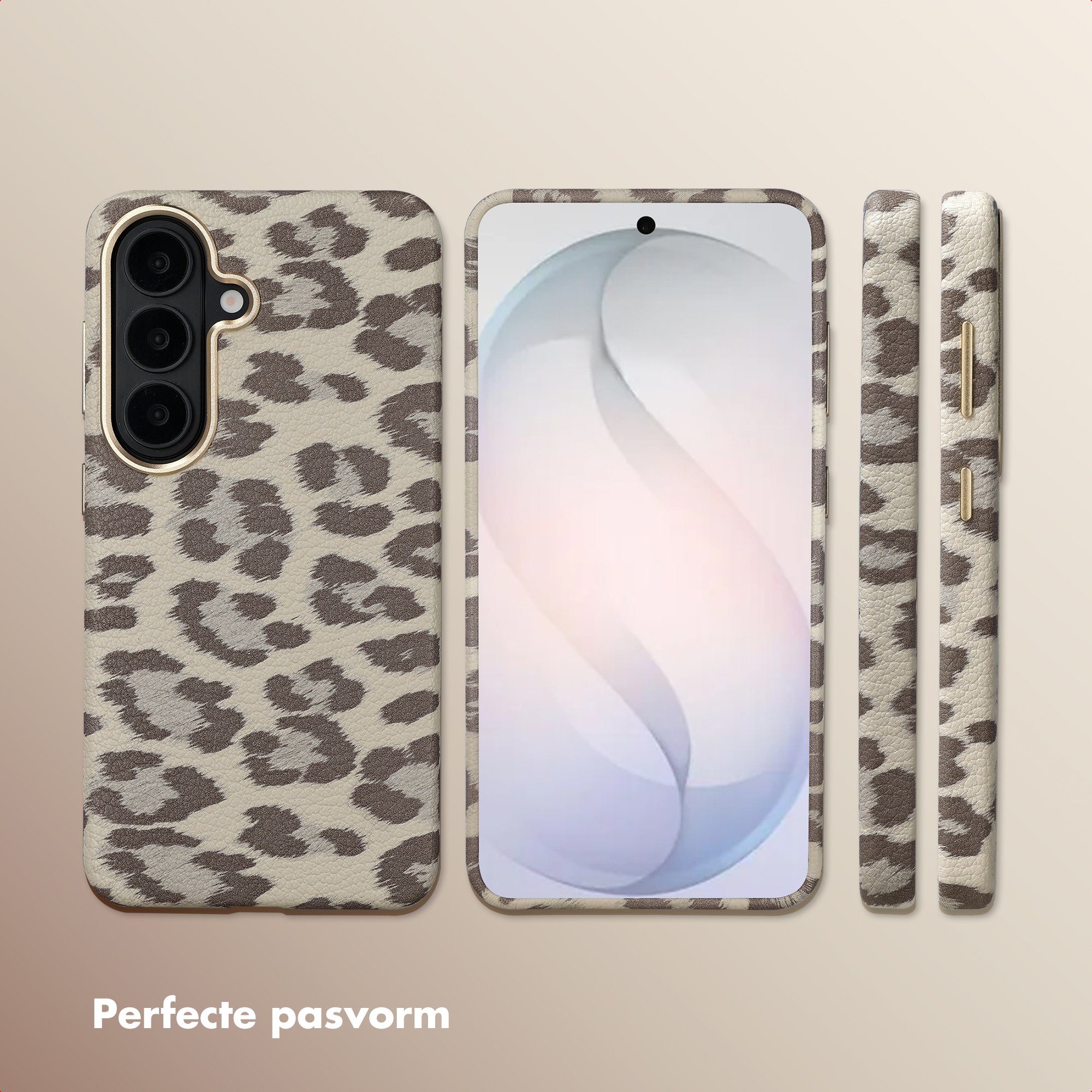 Custodia per telefono con stampa leopardata, vista frontale, laterale e posteriore.