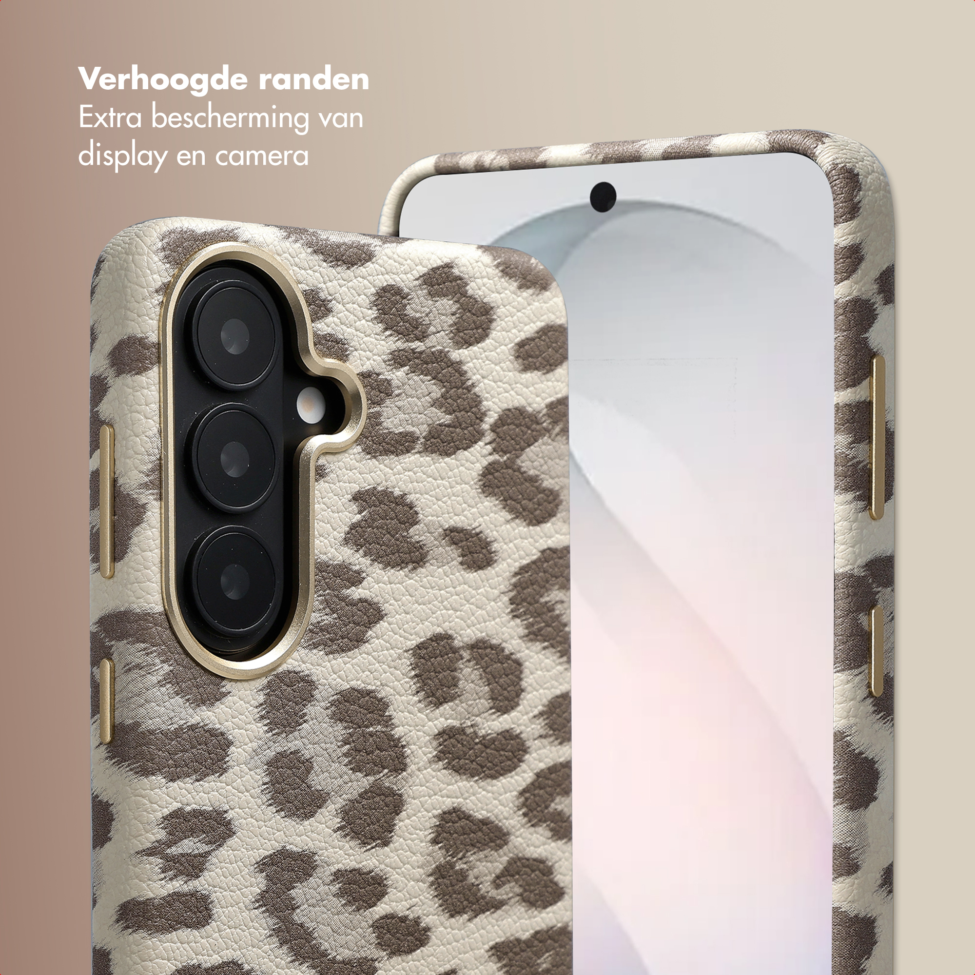 Custodia per telefono leopardata con bordi rialzati per proteggere la fotocamera.