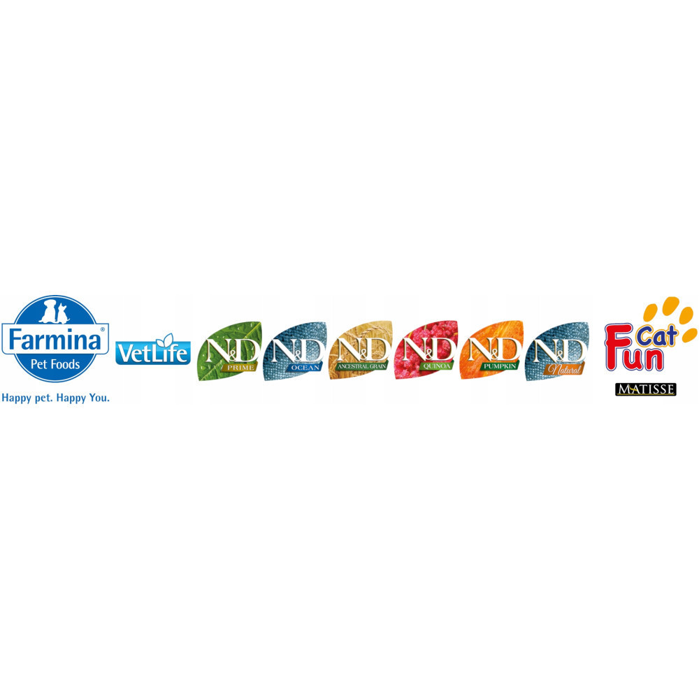 Logotypy Farmina, VetLife, ND Prime, Ocean, Ancestral Grain, Quinoa, Pumpkin, Natural i Cat Fun.