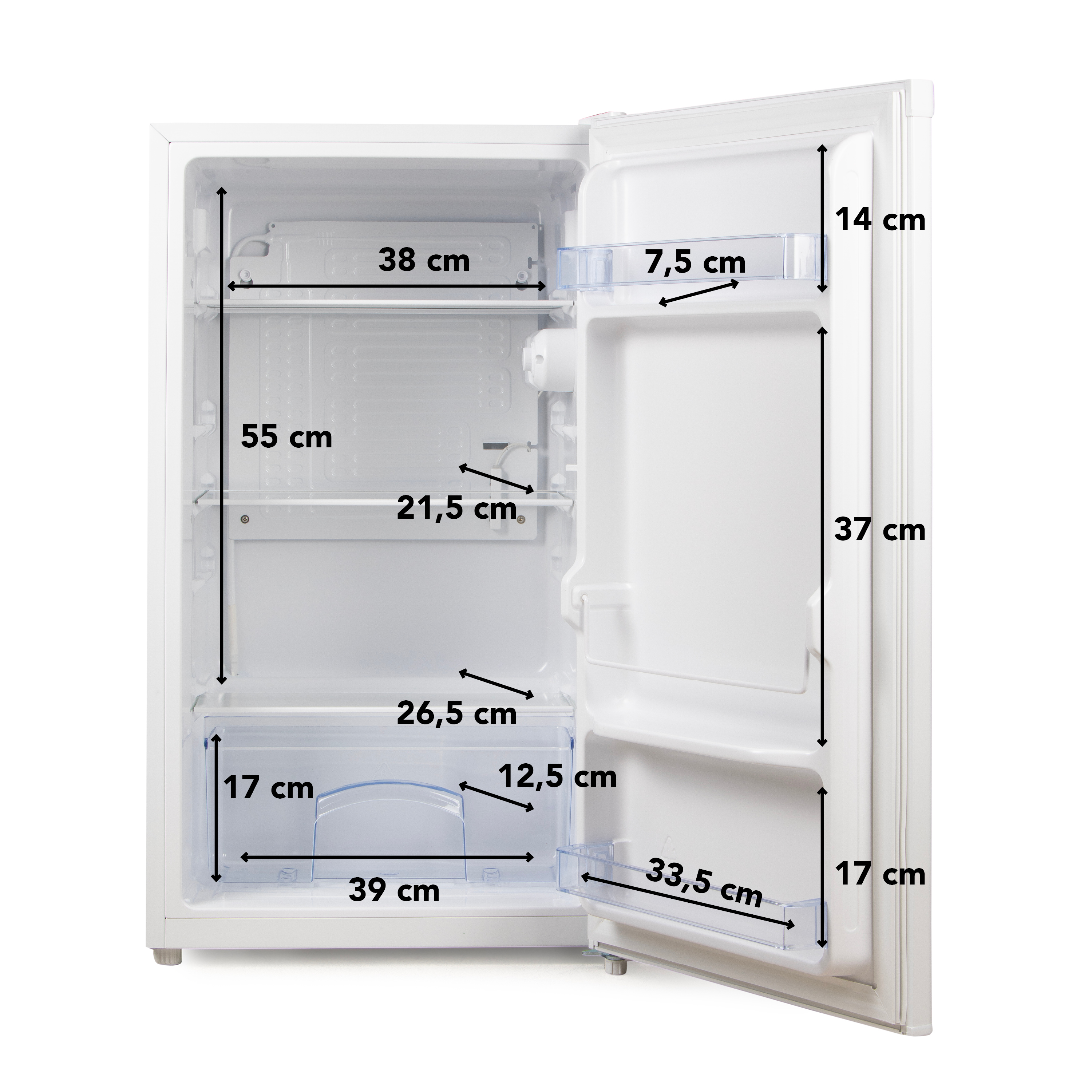 Réfrigérateur blanc ouvert avec dimensions indiquées.