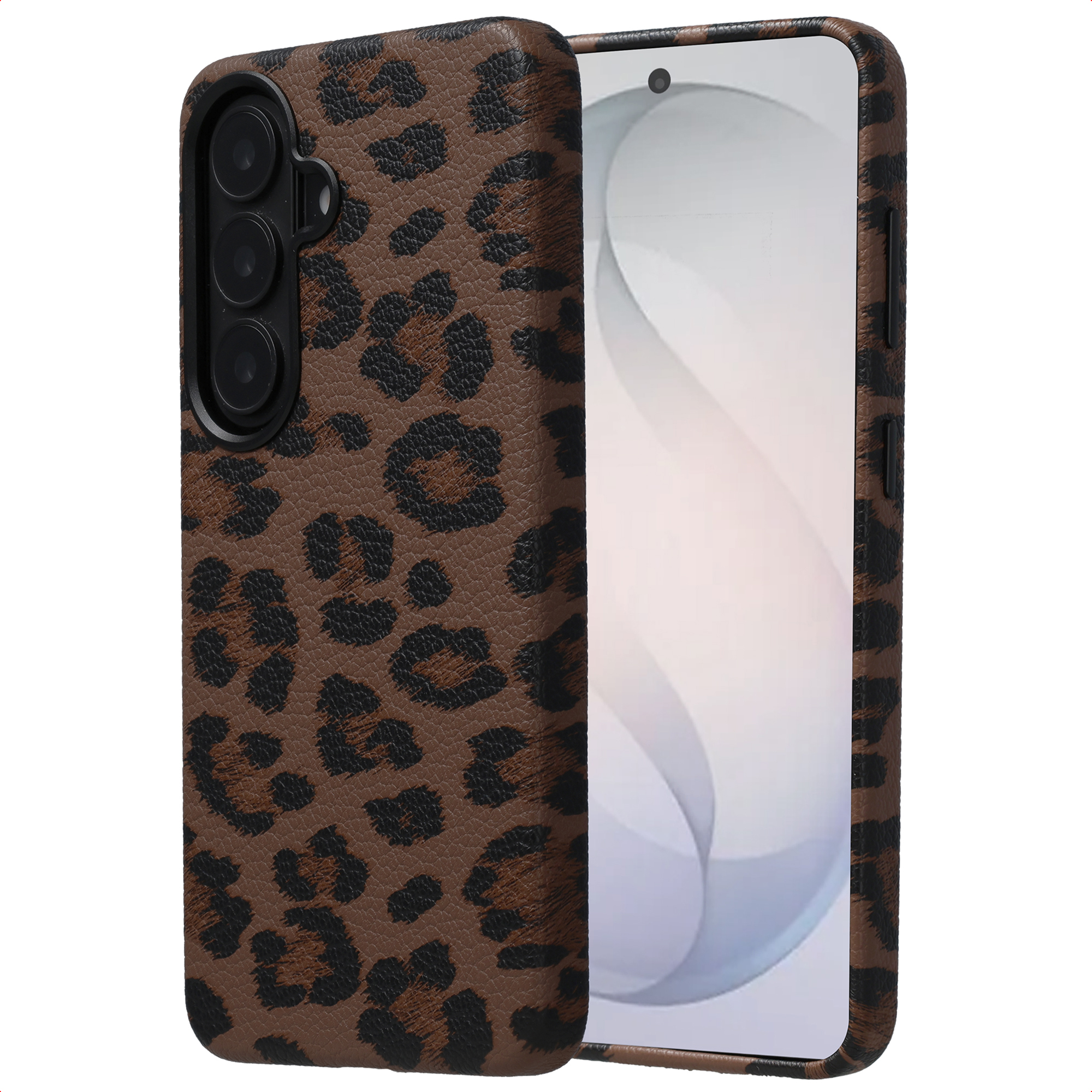 Custodia per telefono marrone con stampa leopardata e triplo ritaglio per fotocamera.