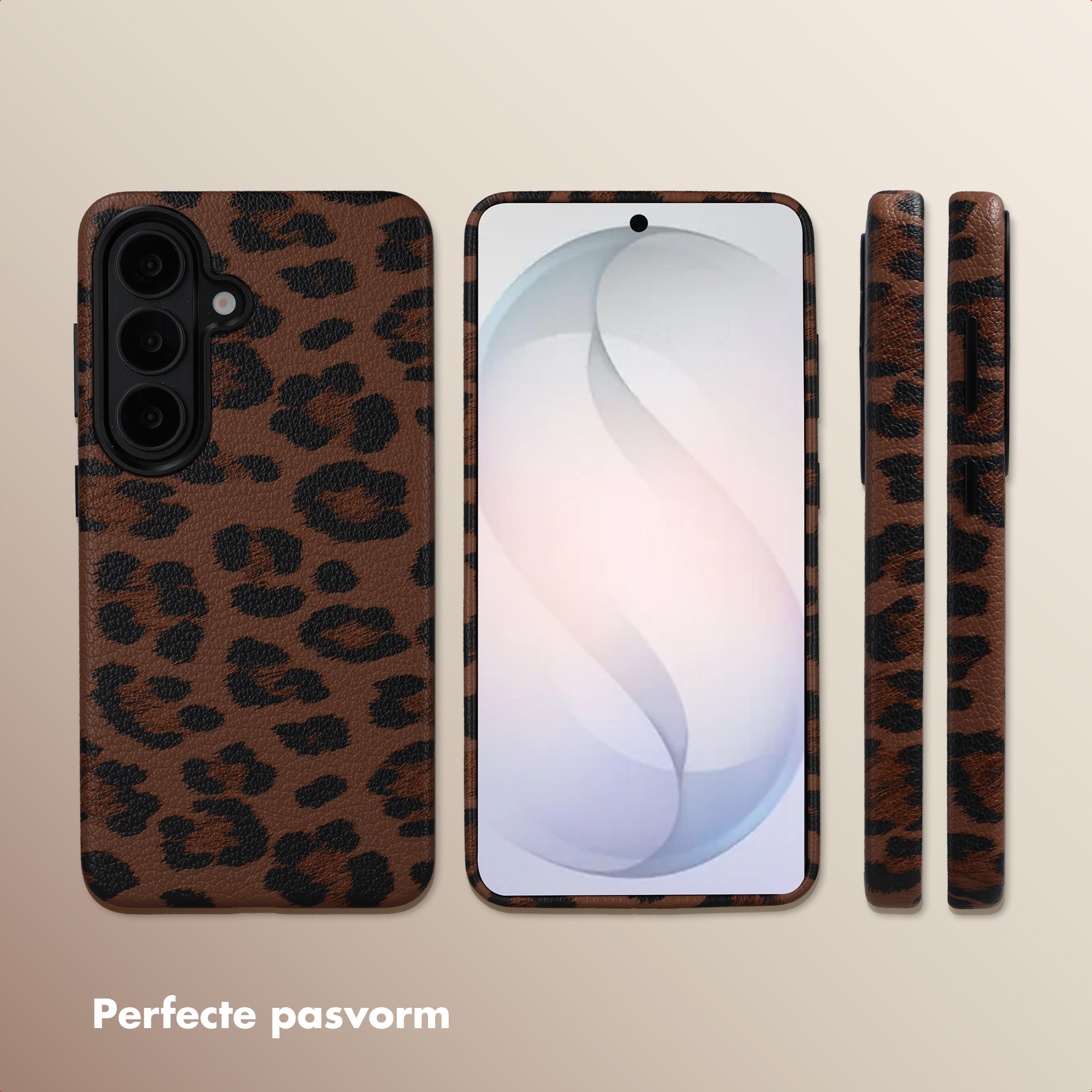 Custodia per telefono marrone con stampa leopardata, vista frontale, laterale e posteriore.