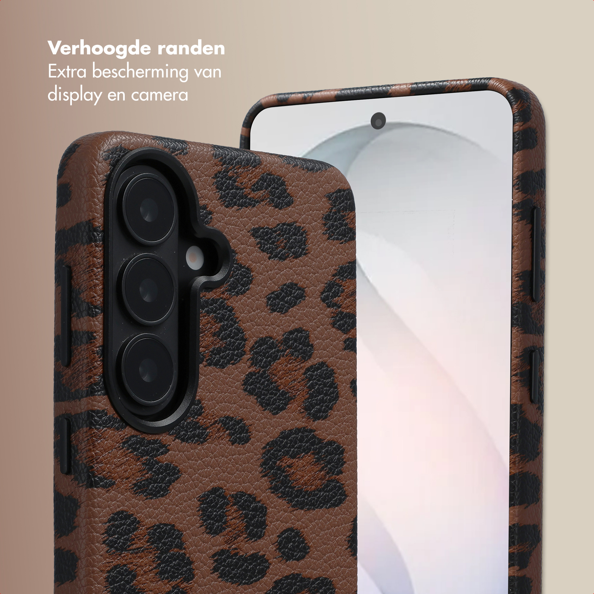 Custodia marrone animalier con bordi rialzati per proteggere display e fotocamera.