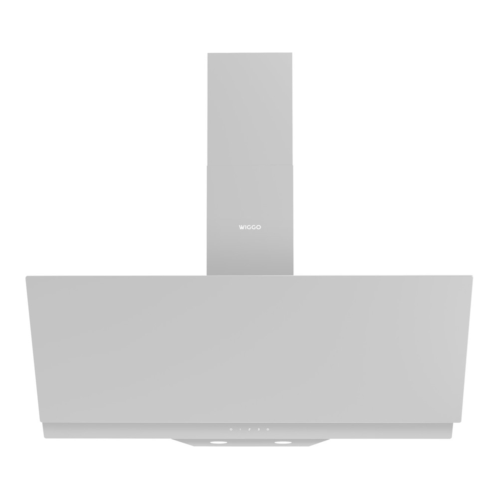 A modern, light gray WIGGO range hood with a sleek, angled design and a vertical chimney.