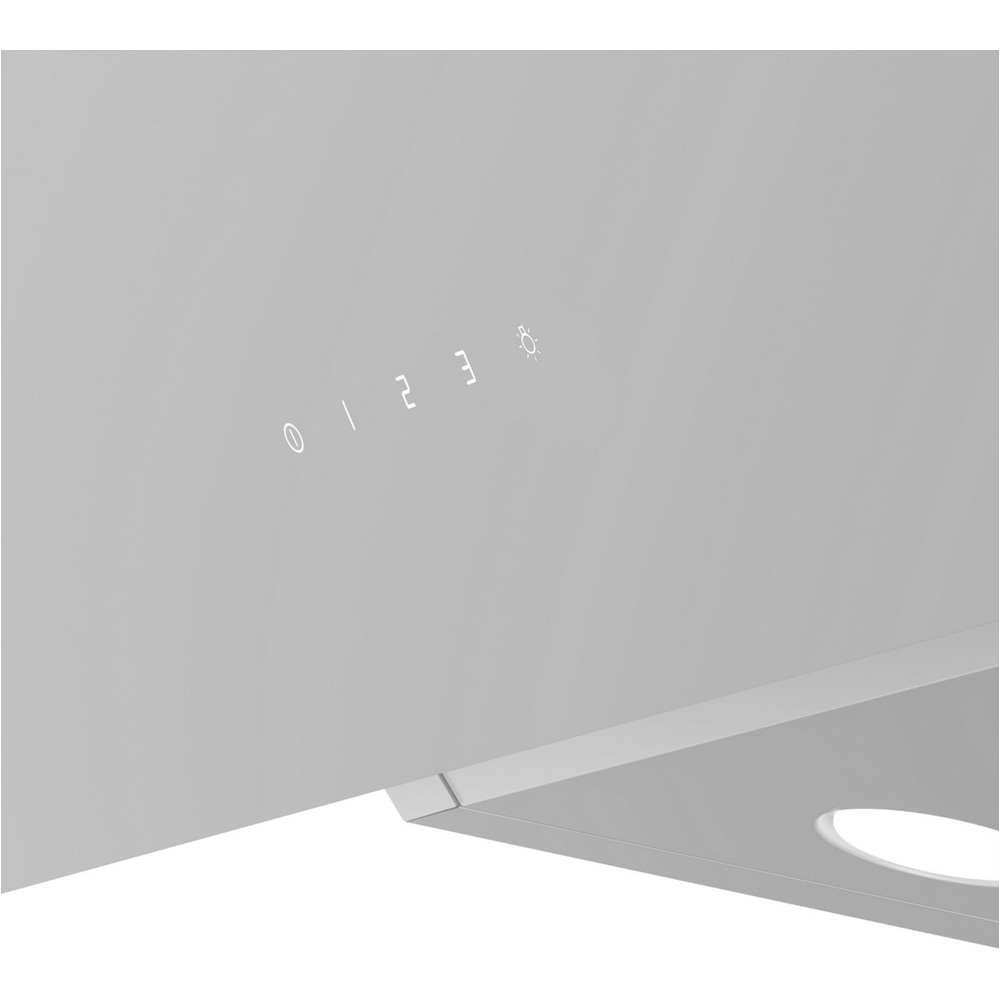 Gray range hood with digital controls and a light symbol.