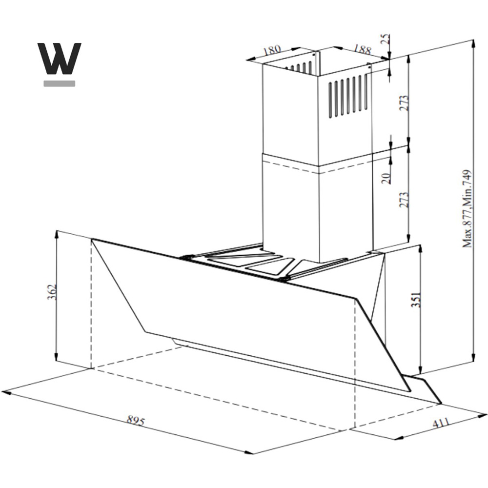 Technische tekening van een afzuigkap met afmetingen en het 'W'-logo.