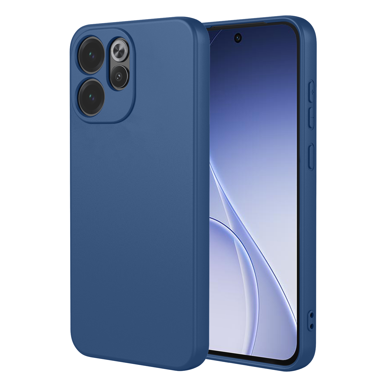 Een blauwe telefoonhoes ligt naast een smartphone met blauwe achtergrond.