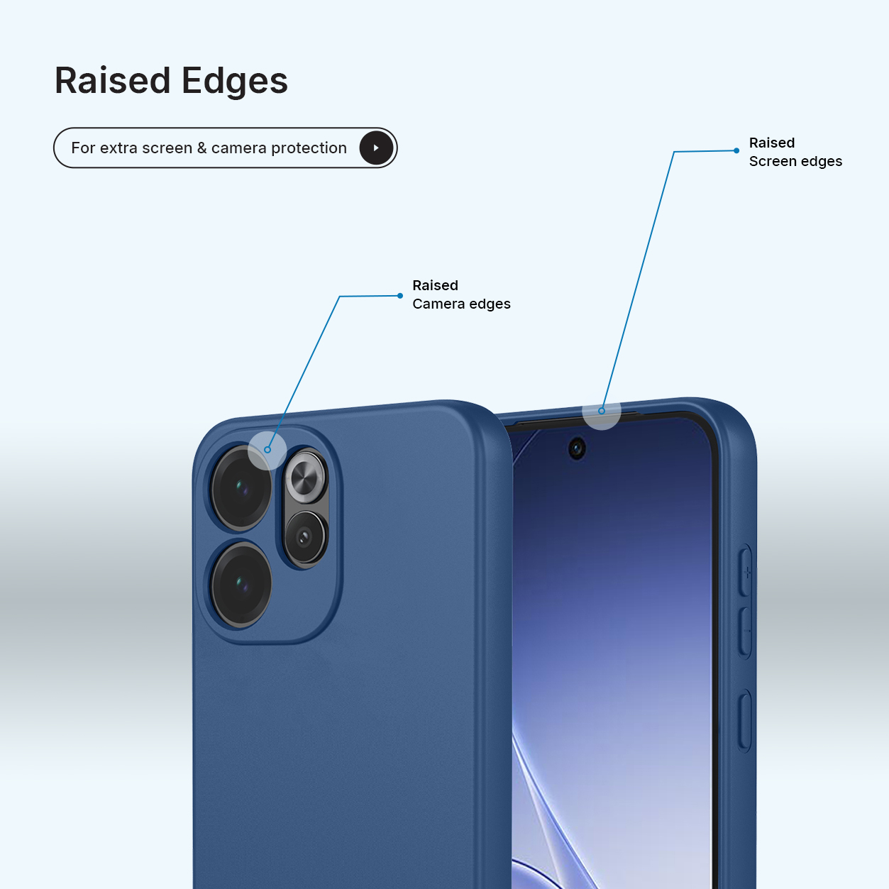Donkerblauw telefoonhoesje met verhoogde randen voor camera- en schermbescherming.