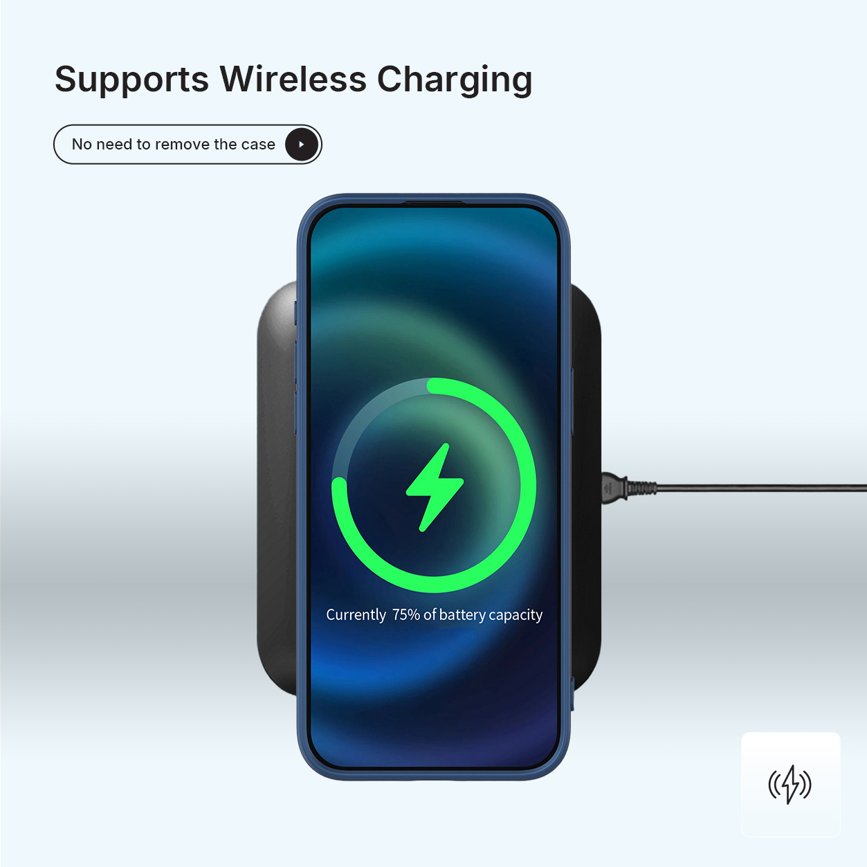 Un smartphone se charge sans fil avec 75% de batterie.