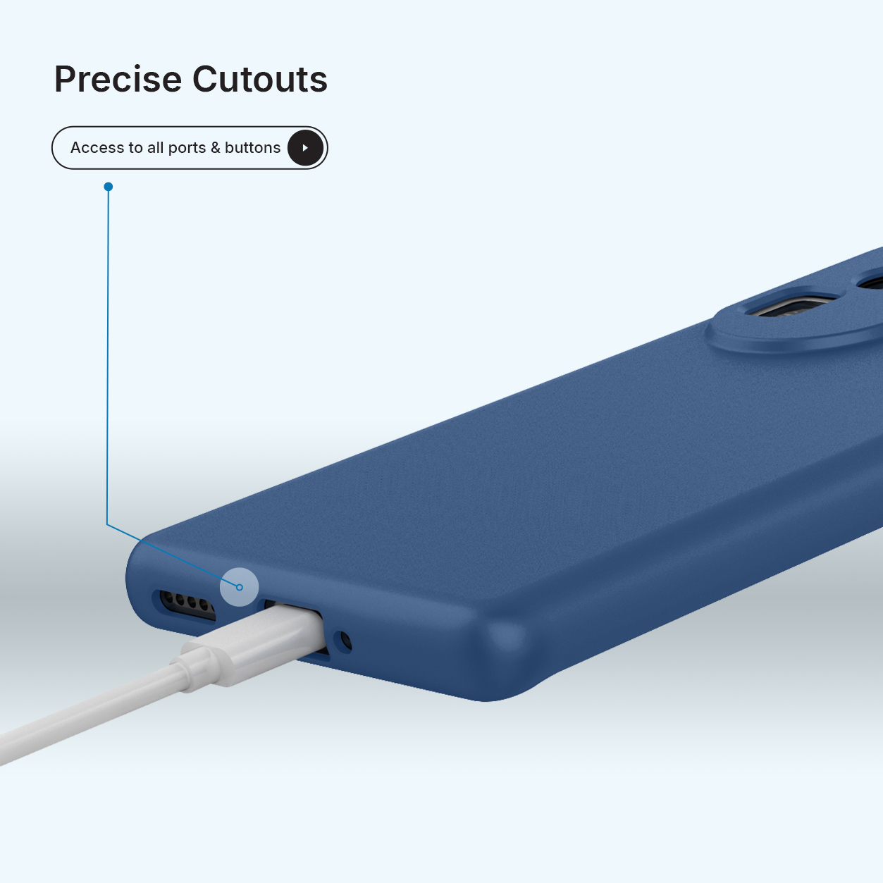 Une coque de téléphone bleue avec des découpes précises, un câble de chargement est branché.
