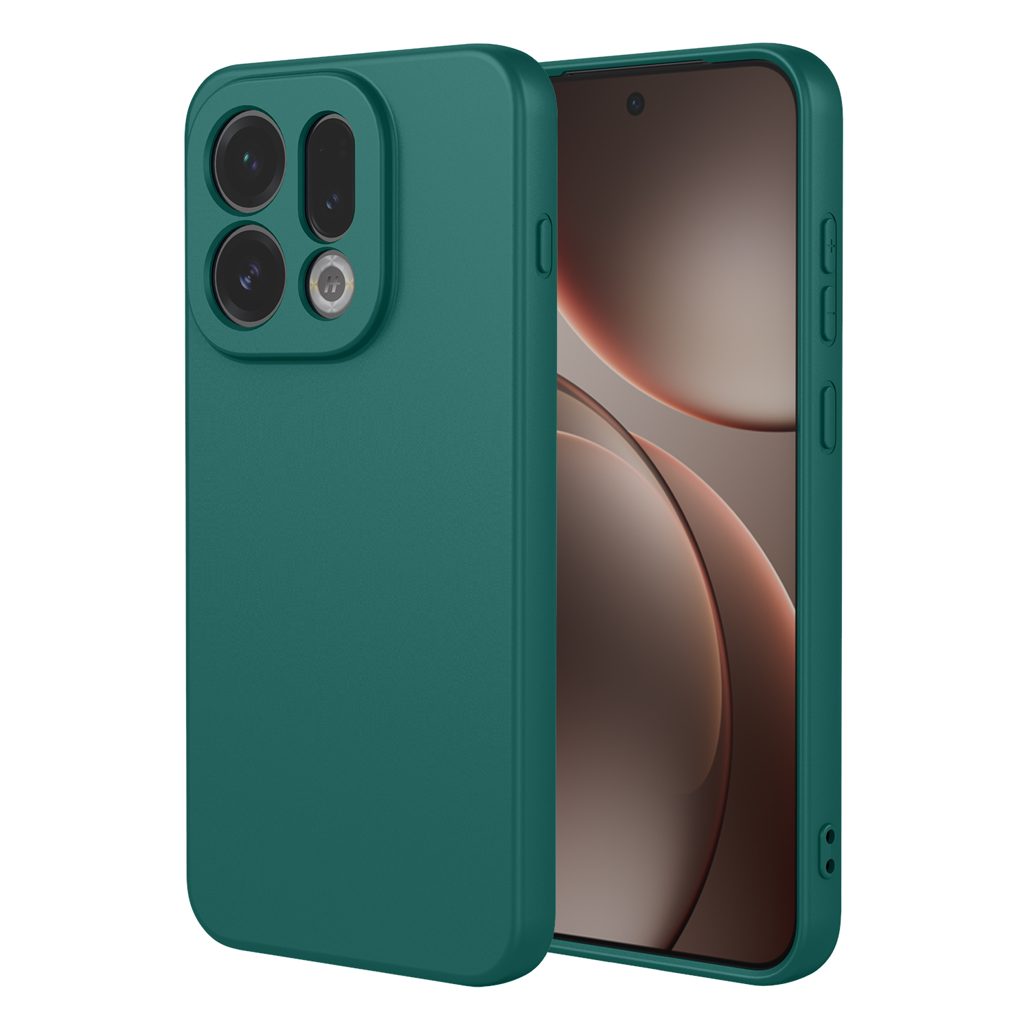 Een groene telefoonhoes met drie cameralenzen en flitser aan de achterkant.