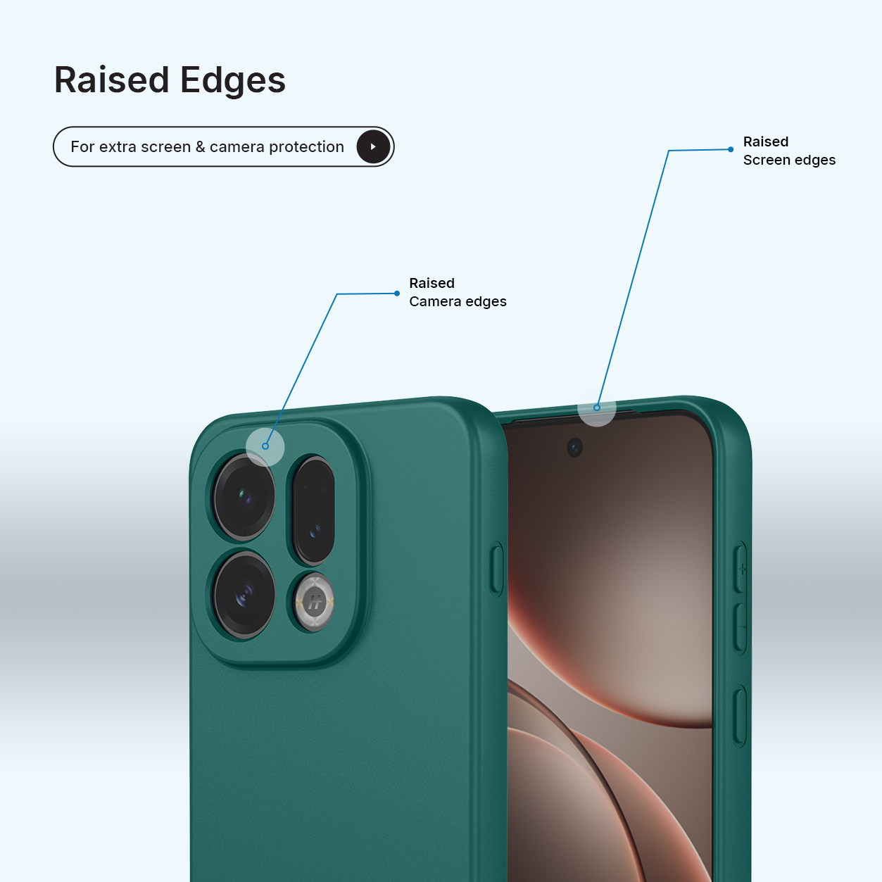 Groene telefoonhoes met verhoogde randen voor camera- en schermbescherming.