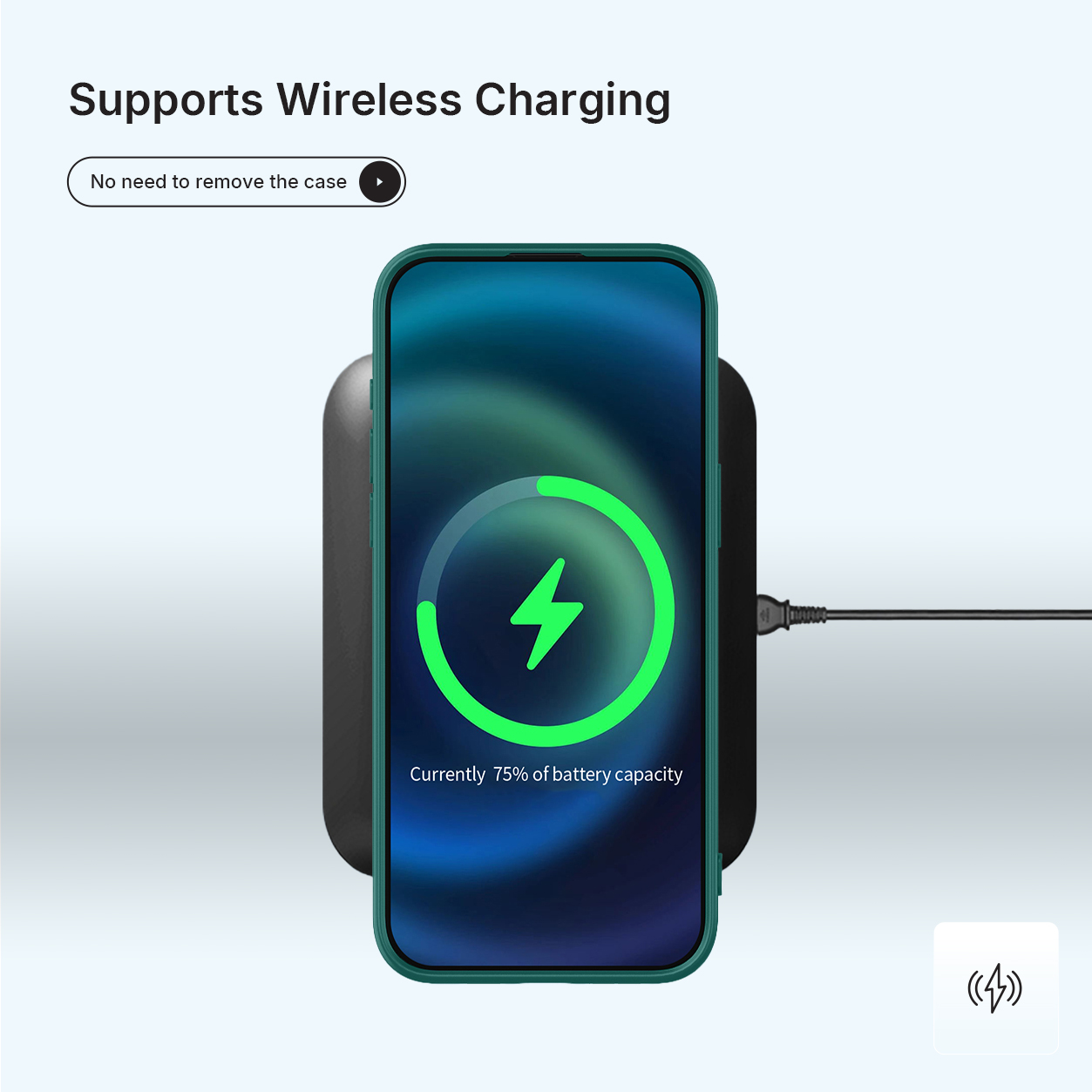Un smartphone avec coque se charge sans fil, batterie à 75%.