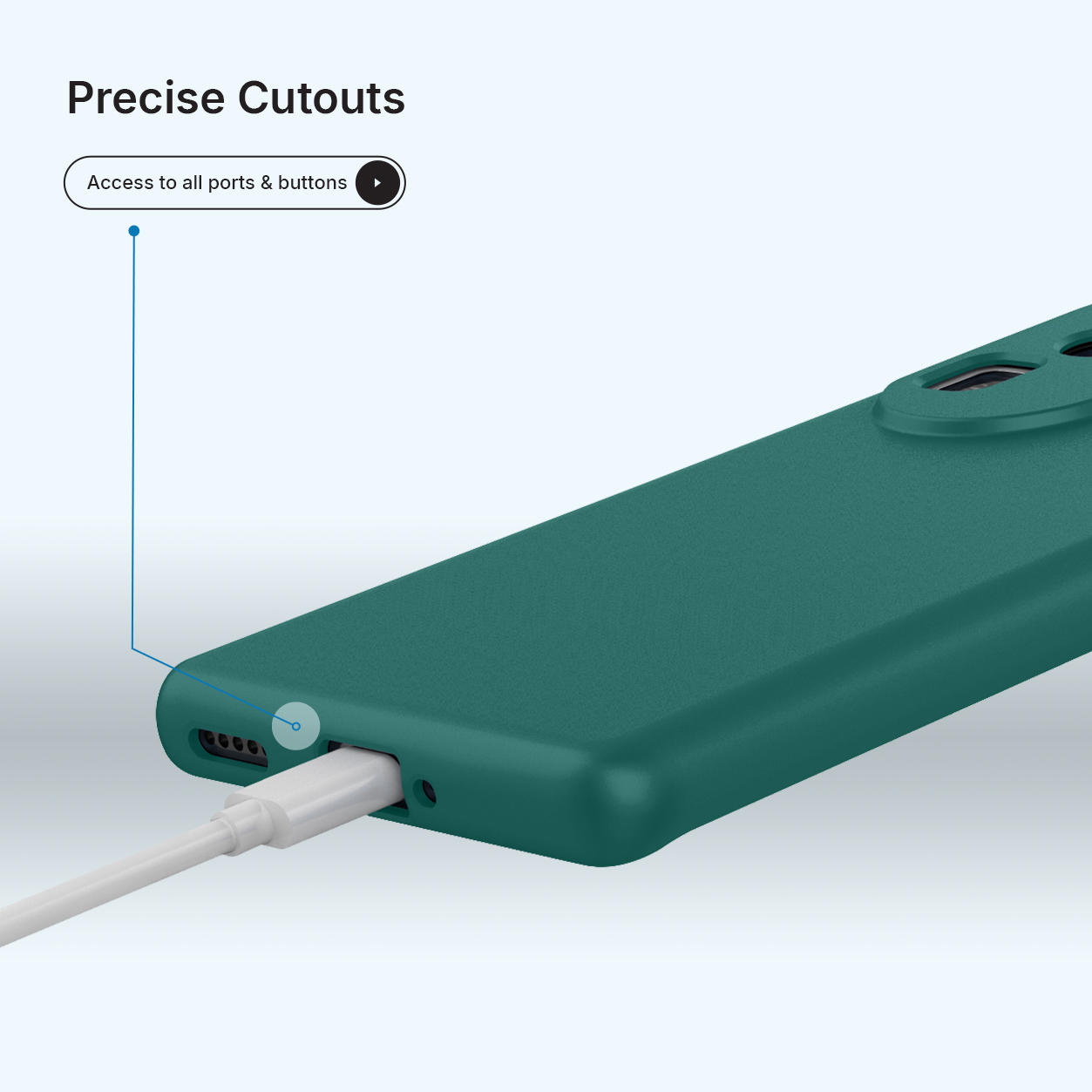 Coque de téléphone bleu sarcelle avec découpes précises. Un câble de chargement est branché.