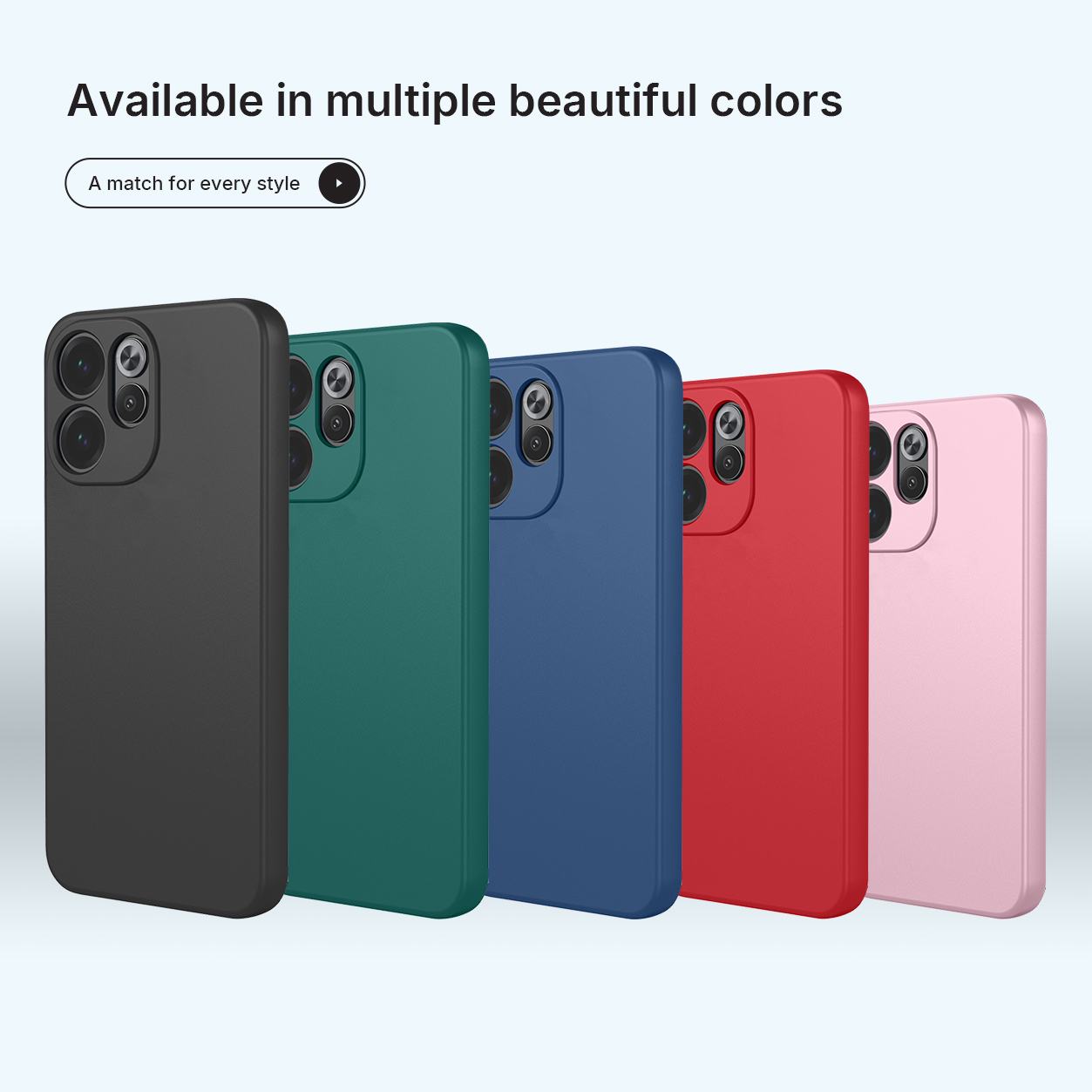 Cinq coques de téléphone noires, vertes, bleues, rouges et roses alignées.
