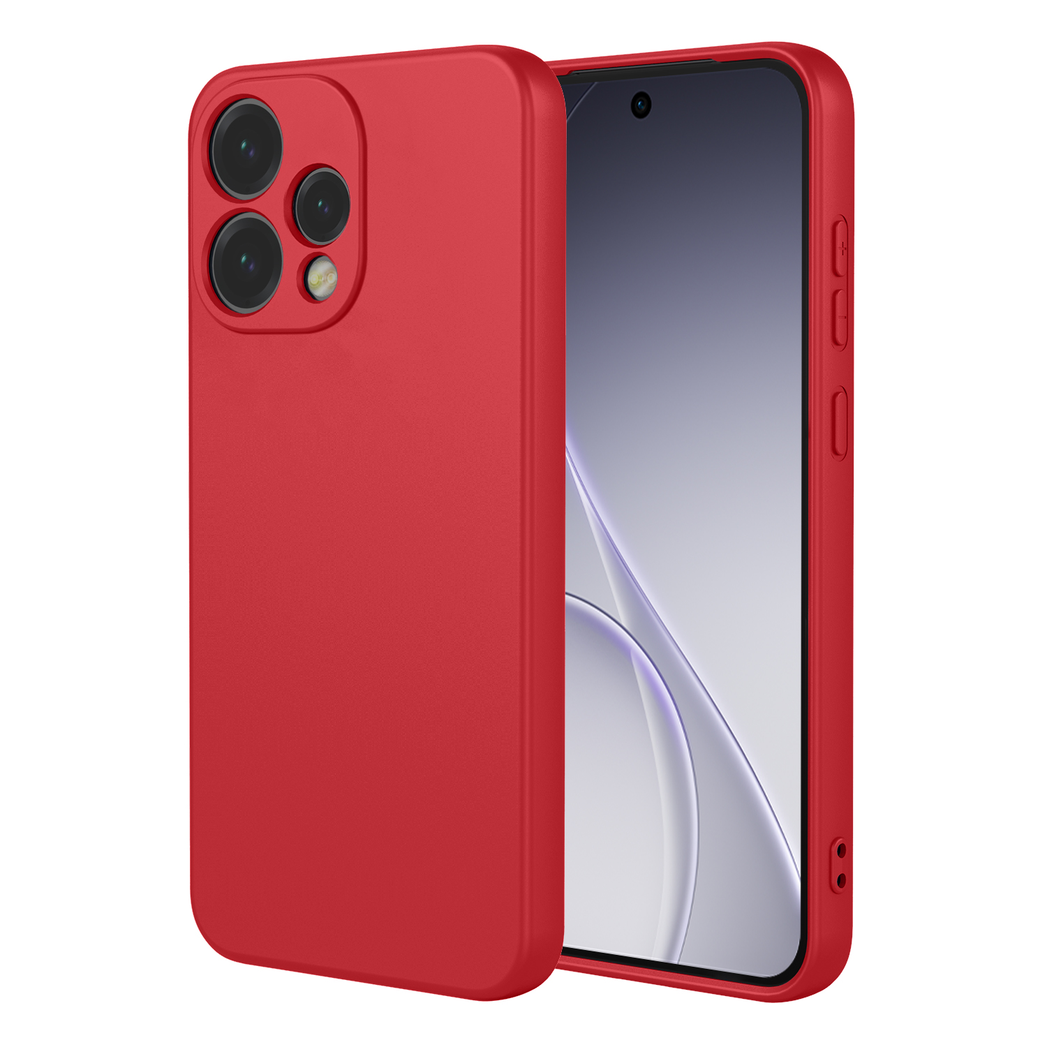 Coque de téléphone rouge avec trois objectifs de caméra et une partie de l'écran.