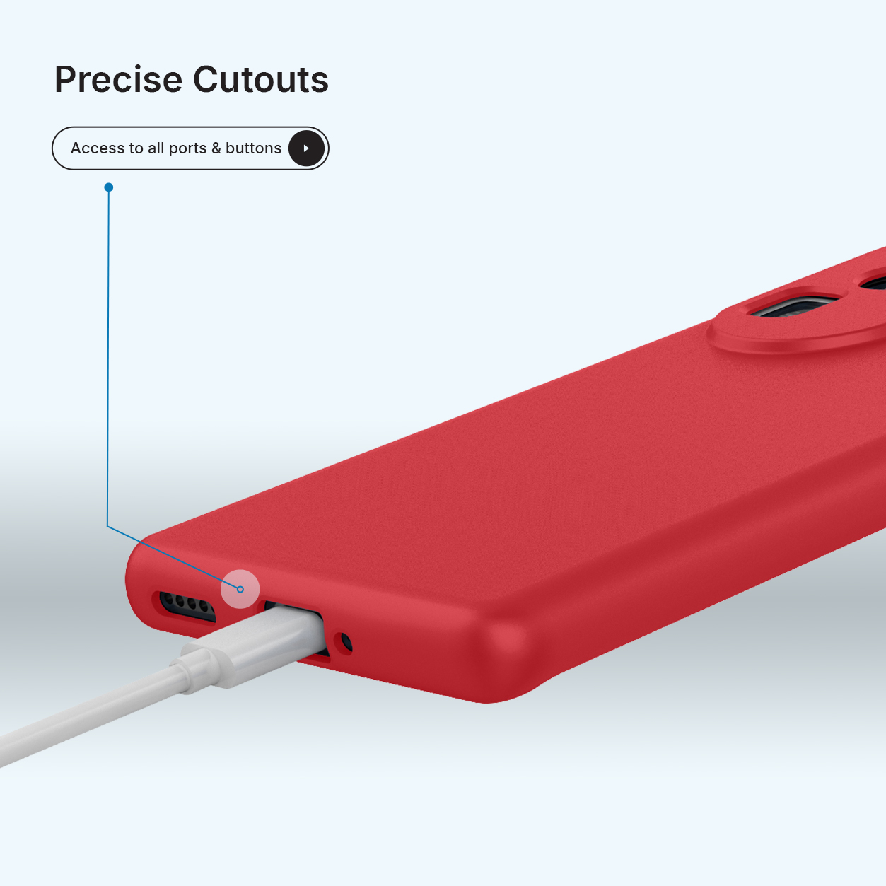 Coque de téléphone rouge avec découpes précises pour les ports. Un câble de chargement est branché.