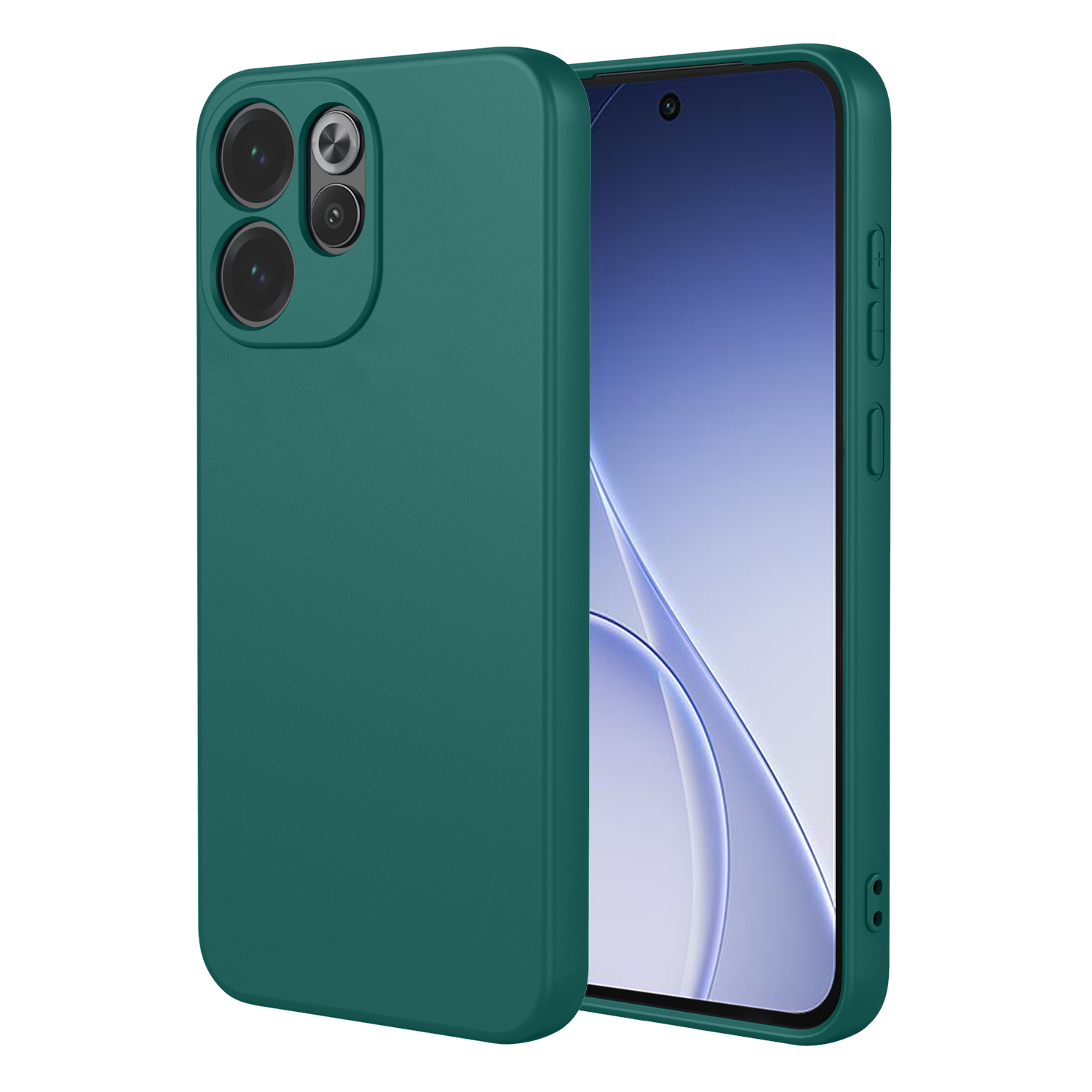 Een groene telefoonhoes ligt naast een smartphone met display.