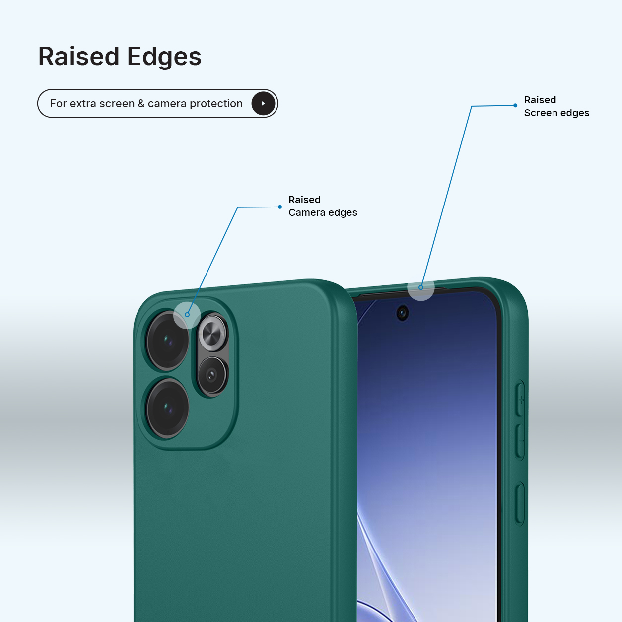 Groene telefoonhoes met verhoogde randen ter bescherming van camera en scherm.