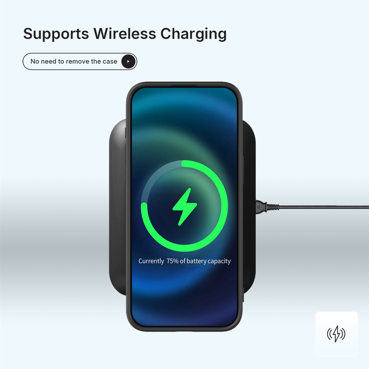 Un smartphone charge sans fil, batterie à 75%.