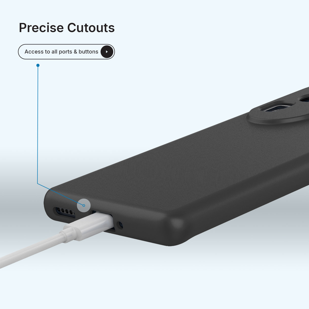 Coque de téléphone noire avec découpes précises pour ports et boutons, câble branché.
