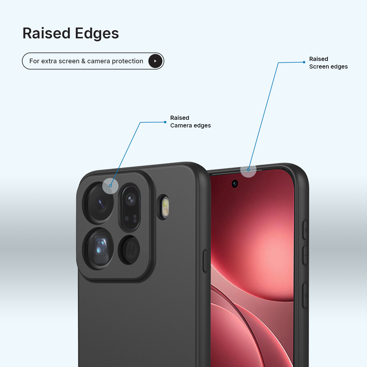 Zwarte telefoonhoes met verhoogde randen voor camera- en schermbescherming.