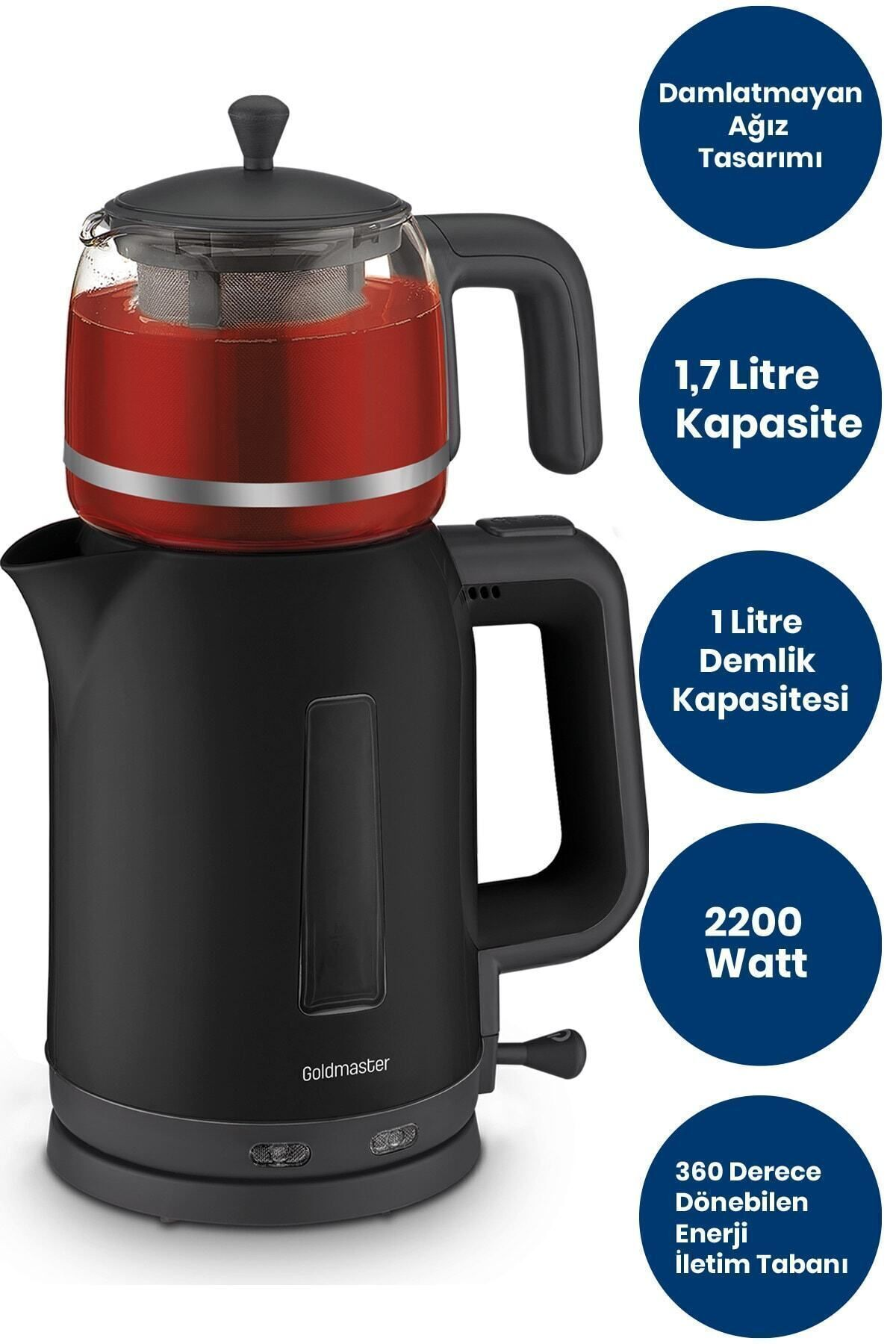 Kırmızı demlikli siyah elektrikli su ısıtıcı, 2200 Watt.