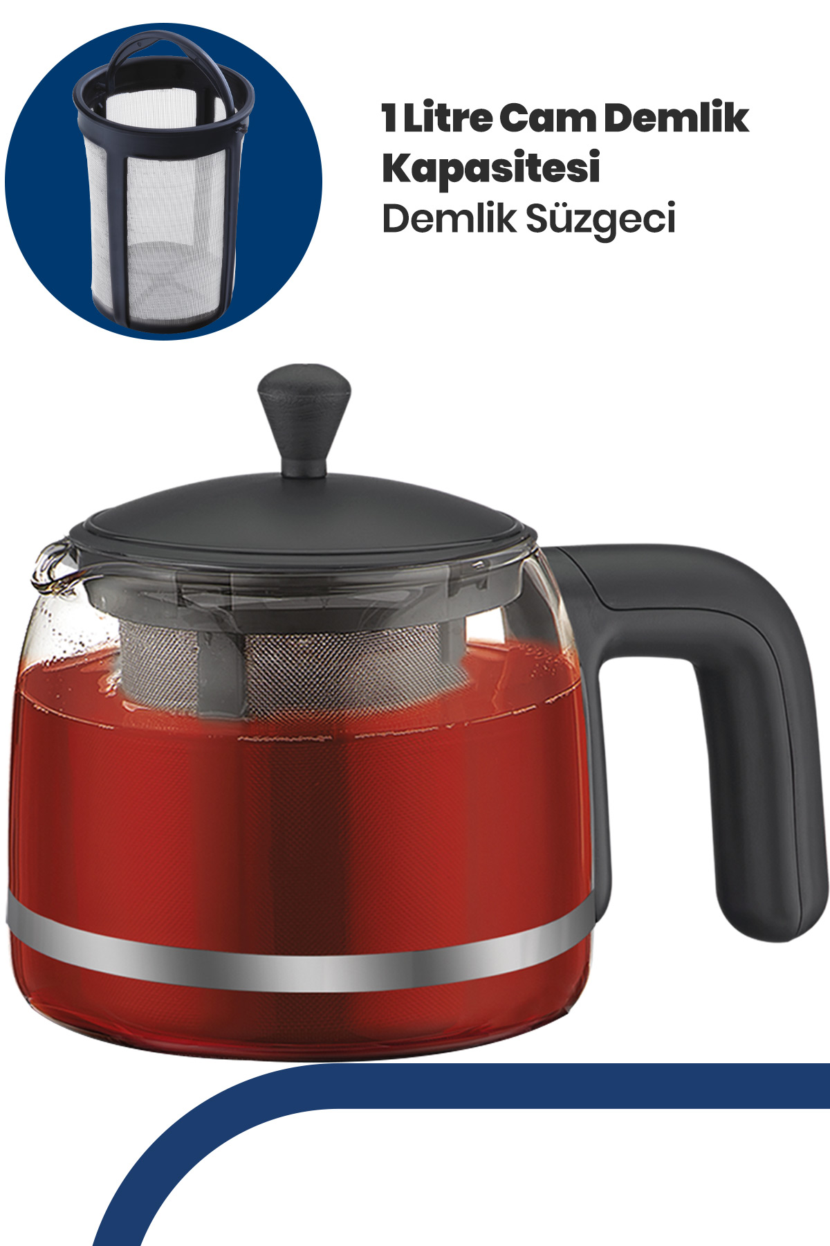 Siyah kapak, sap ve süzgeçli kırmızı cam demlik.