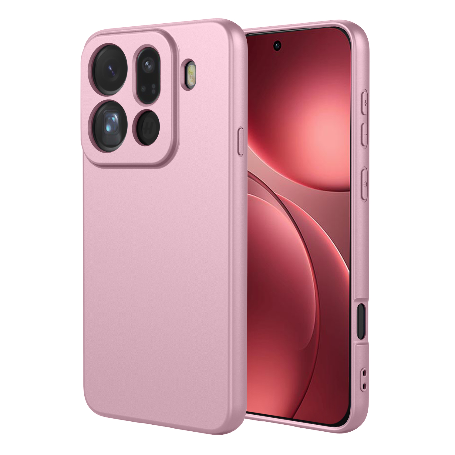 Une coque de téléphone rose avec trois caméras arrière et un fond abstrait rouge.