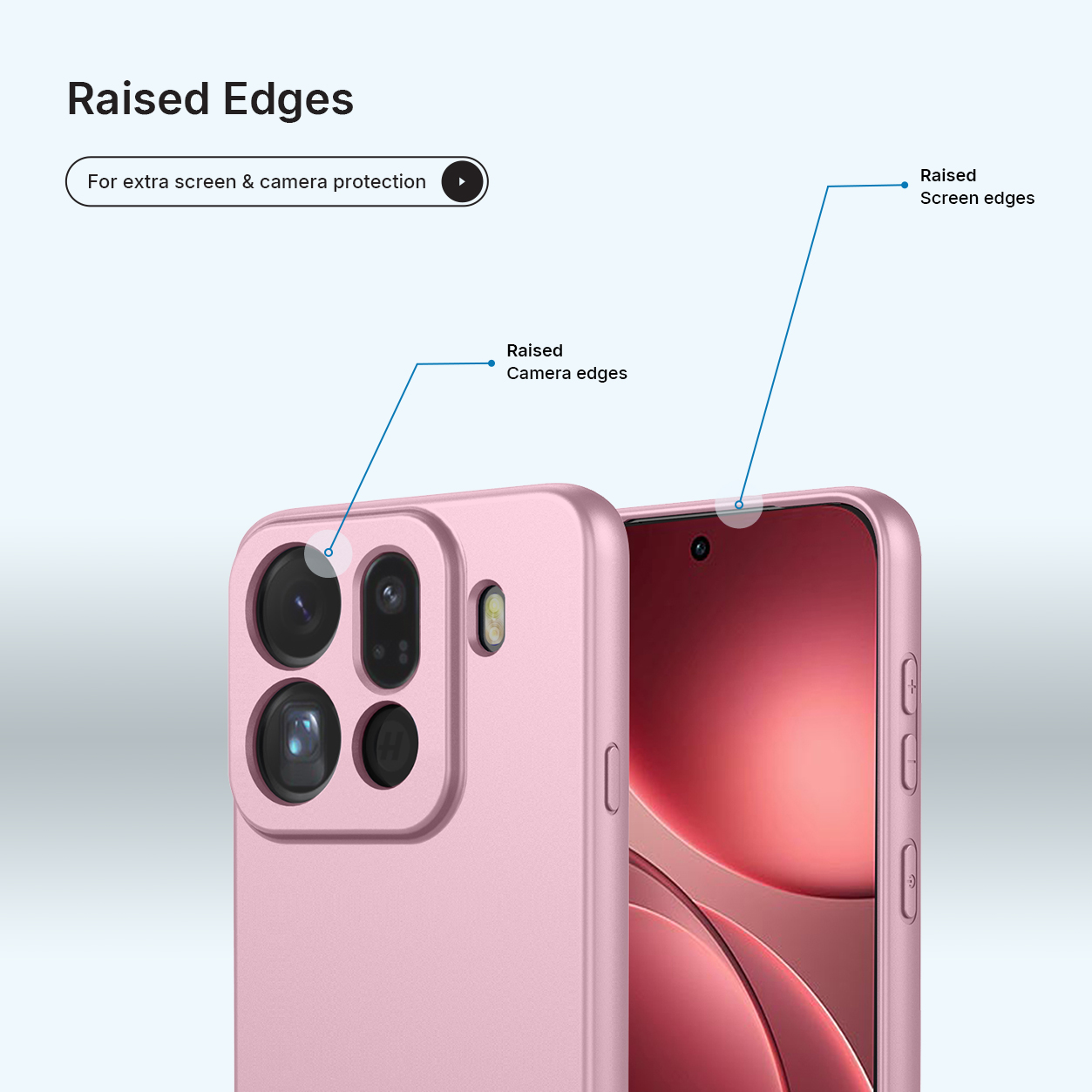 Coque de téléphone rose avec bords surélevés pour protéger appareil photo et écran.