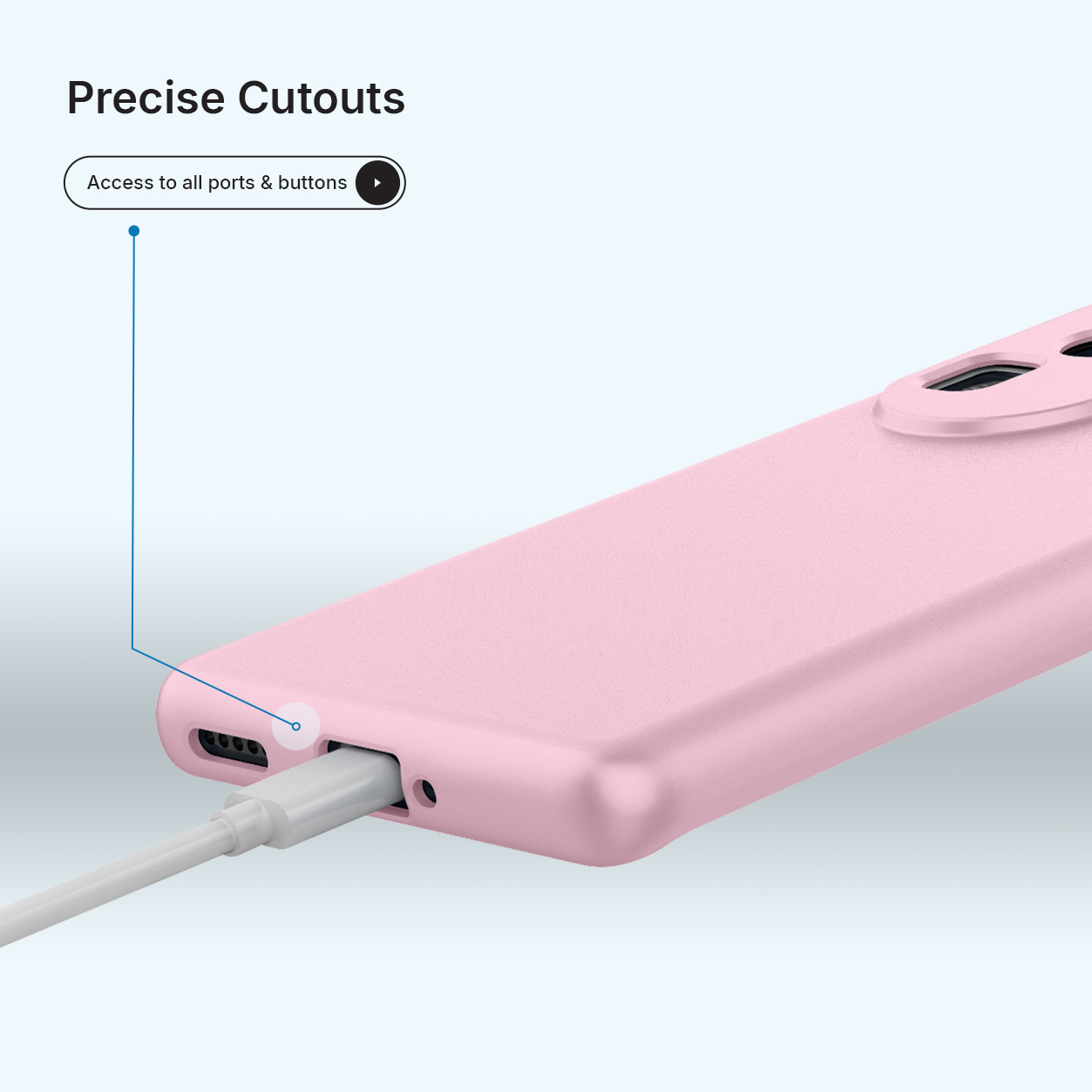 Une coque de téléphone rose avec des découpes précises, montrant un câble de chargement branché.
