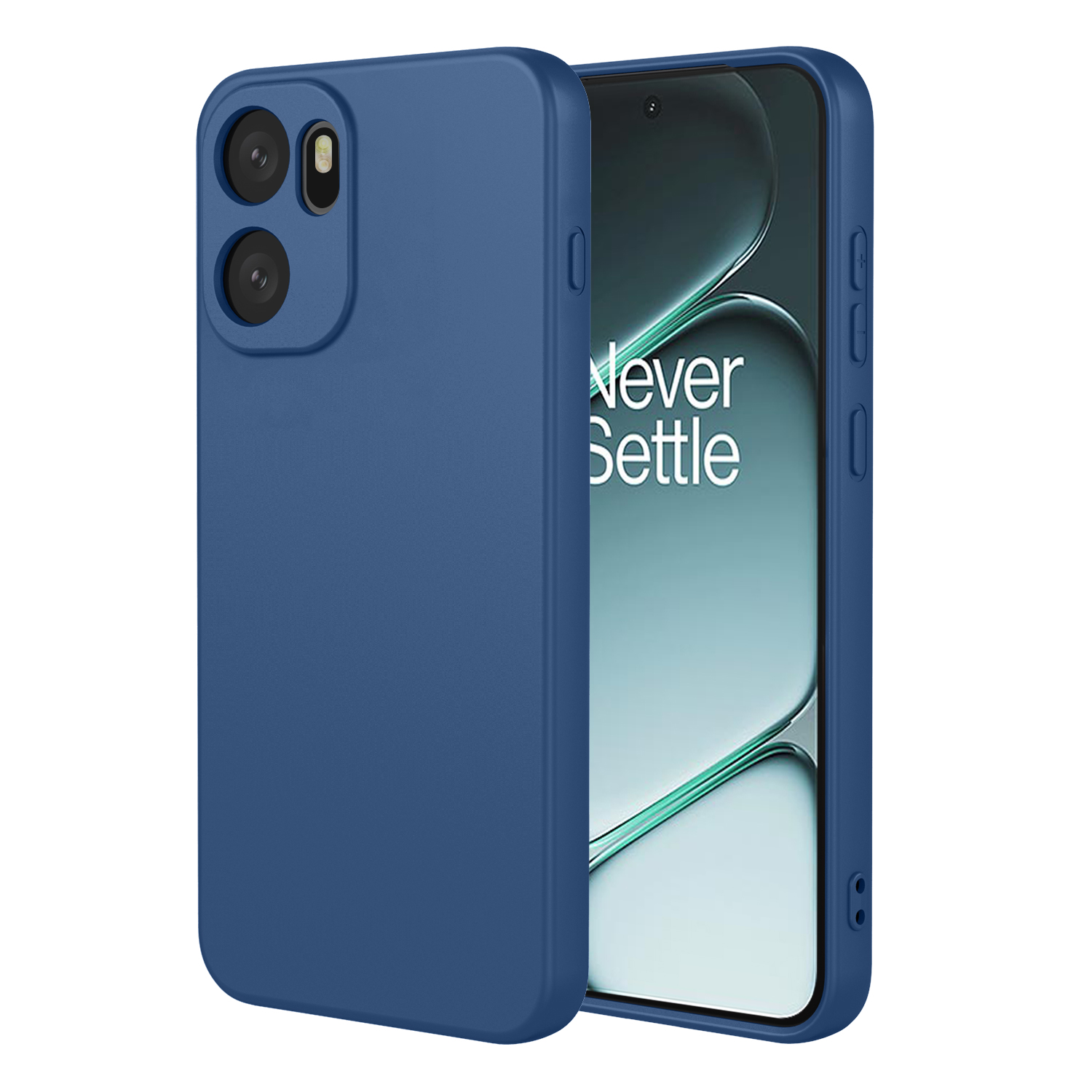 Une coque de téléphone bleue avec trois objectifs photo au dos et un téléphone.